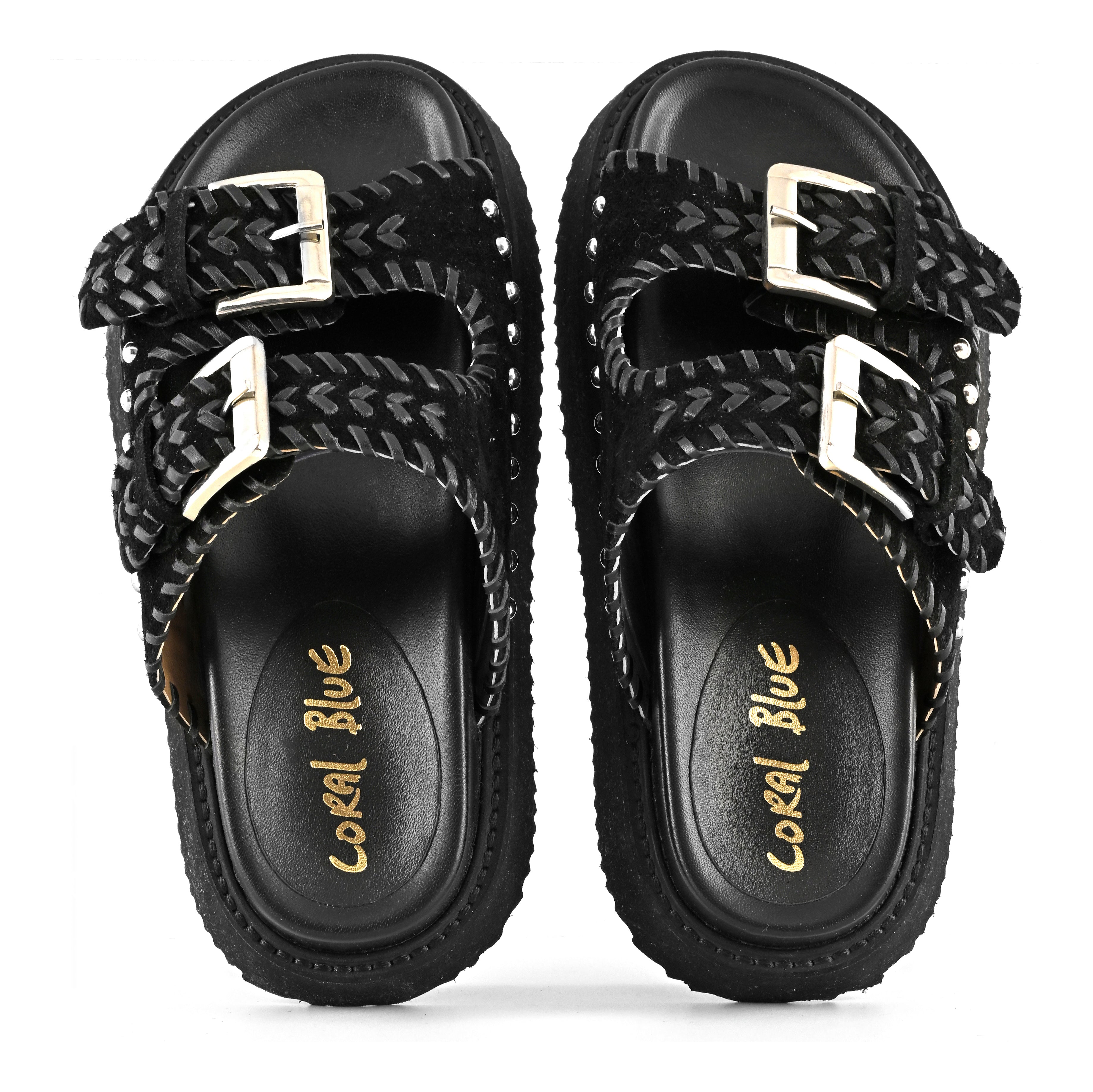 CORAL BLUE Ciabatta Donna Platform Doppia Fascia Etniche-Black