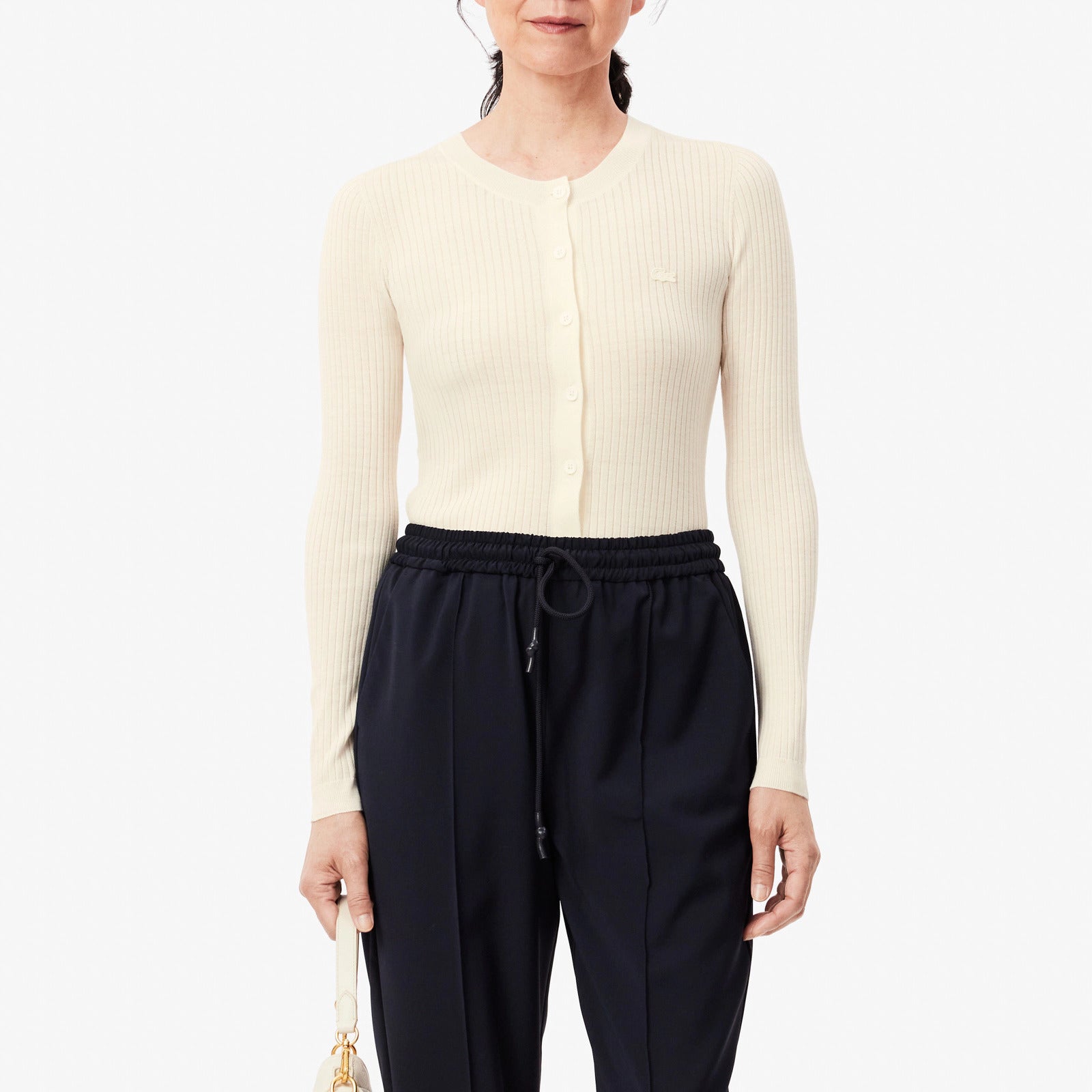 LACOSTE Cardigan Donna Lana Costine-Bianco