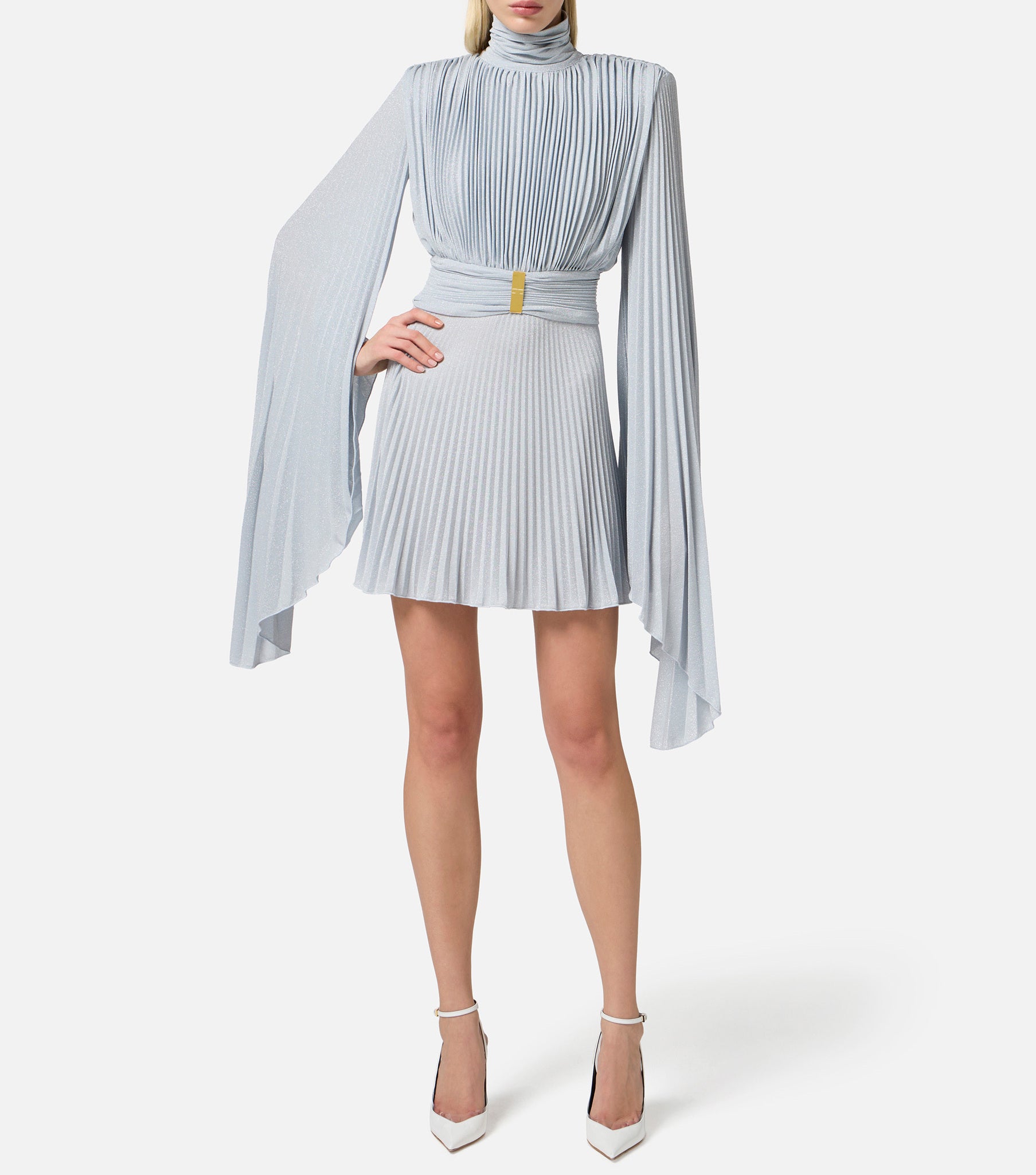 ELISABETTA FRANCHI Abito Corto Jersey Lurex Plissettato-Sky Blue