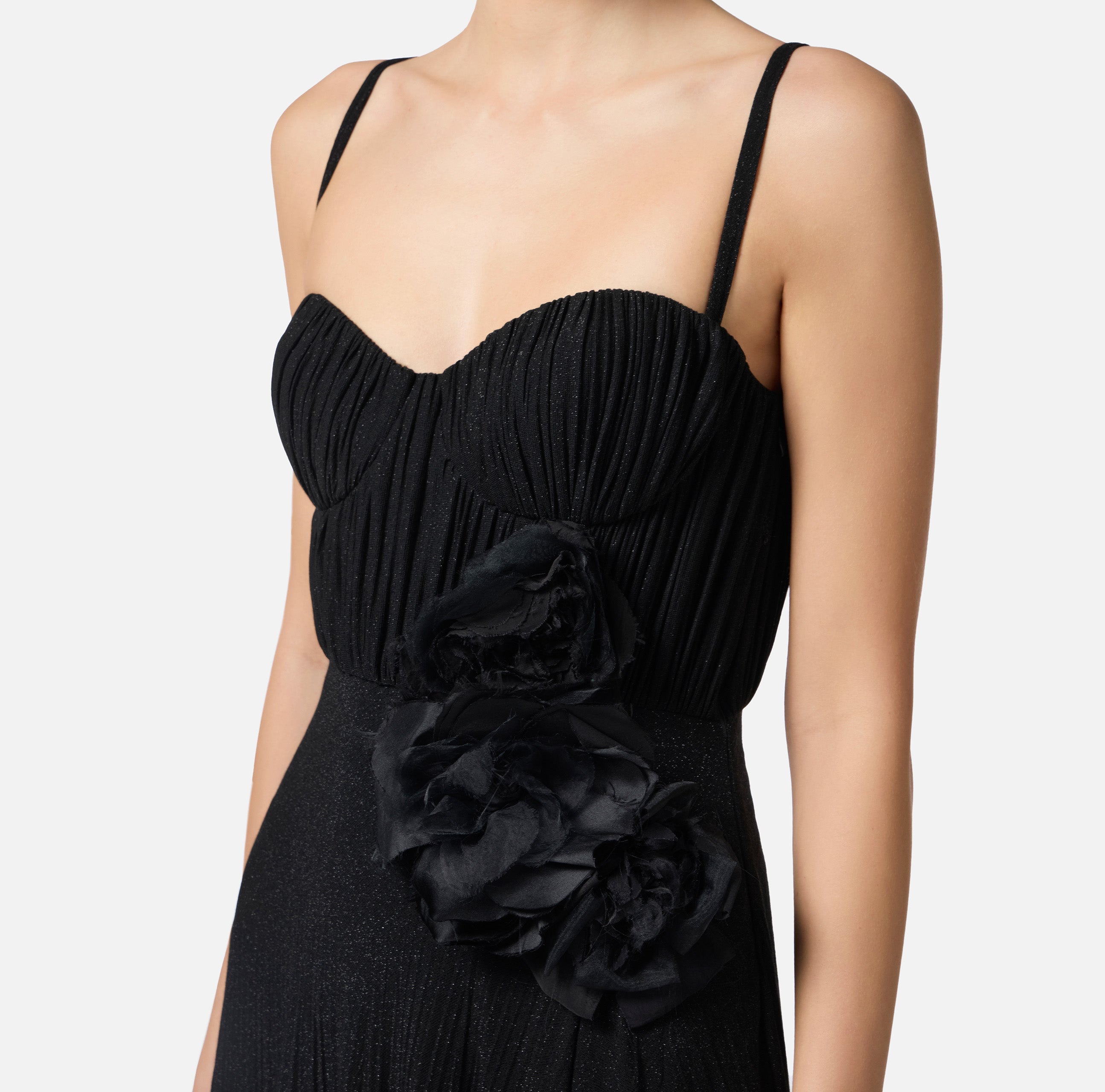 ELISABETTA FRANCHI Abito Red Carpet Jersey Lurex Fiore-Nero