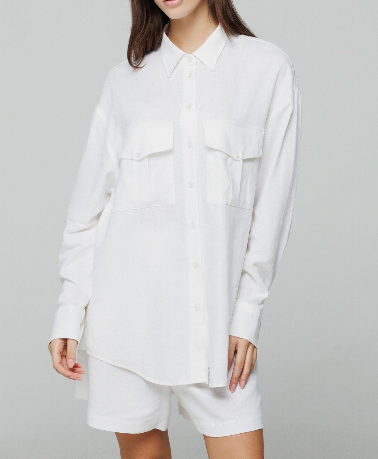 HINNOMINATE Camicia Donna Lino tasche frontali-Bianco