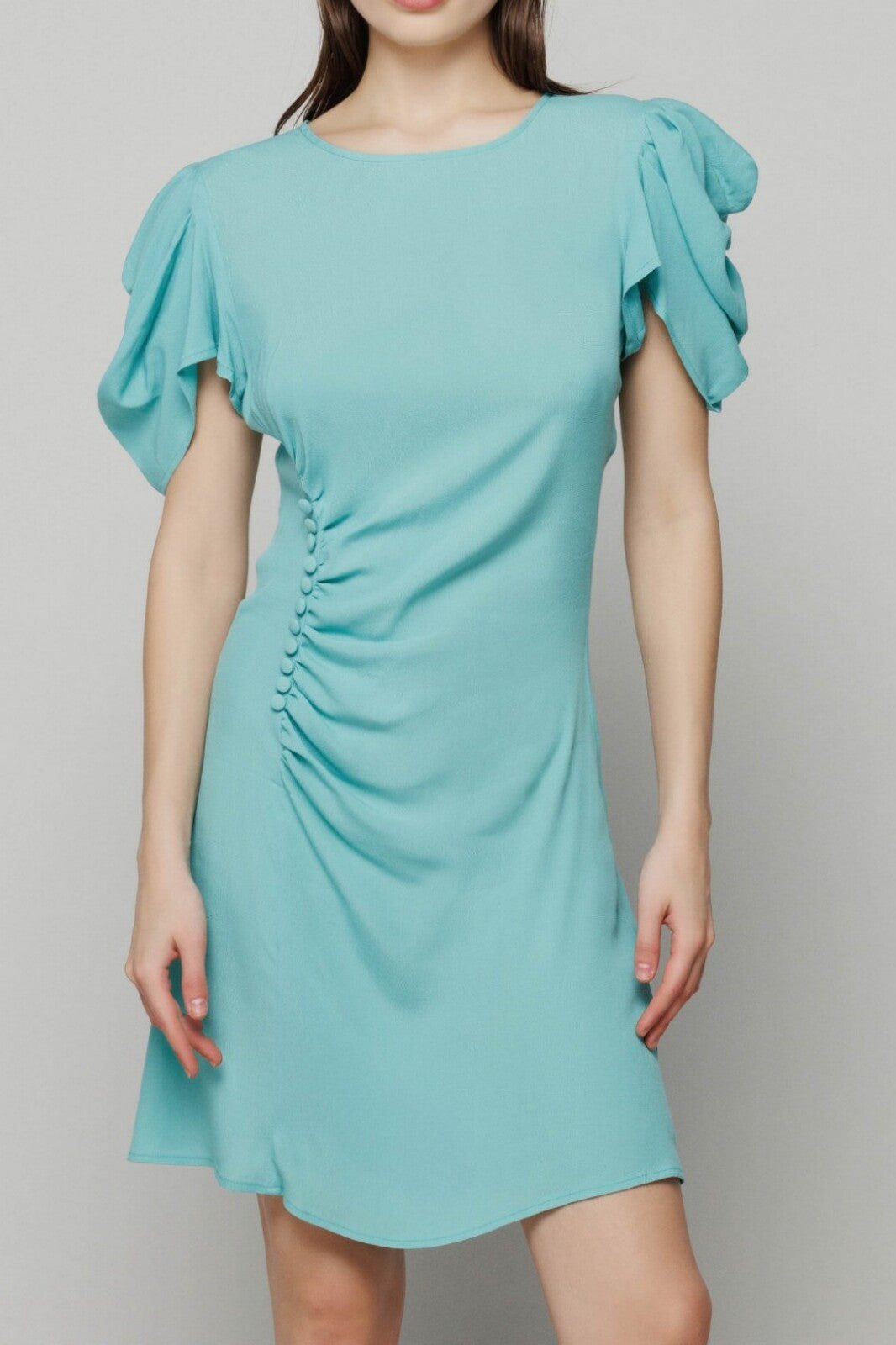 MAR DE MARGARITAS Abito Corto Karin con Drappeggio e Bottoncini-Blue Vert