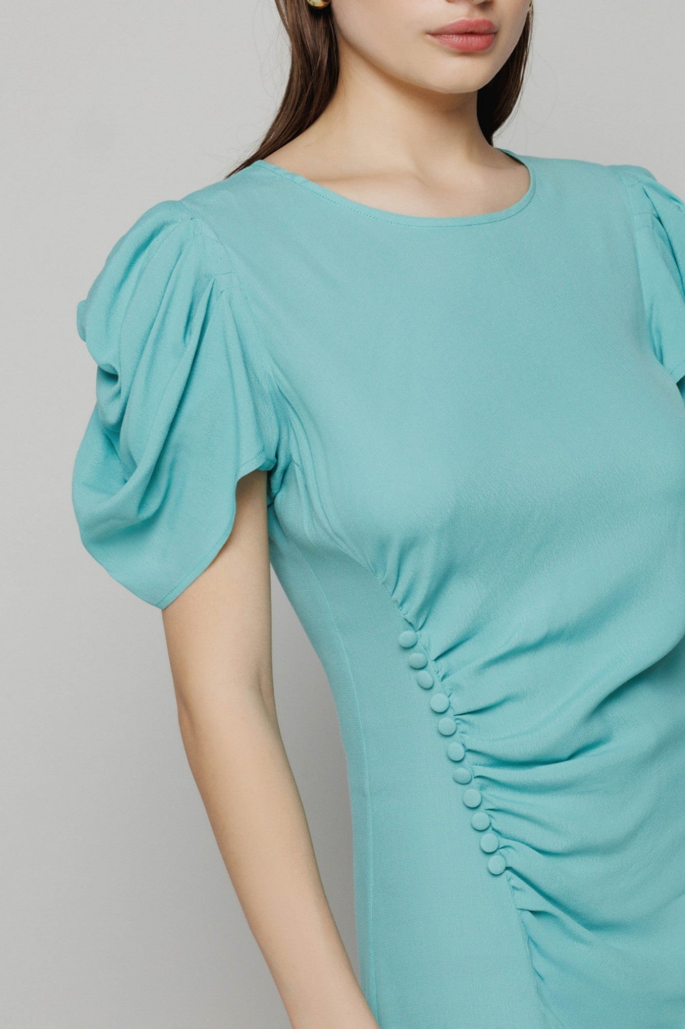 MAR DE MARGARITAS Abito Corto Karin con Drappeggio e Bottoncini-Blue Vert