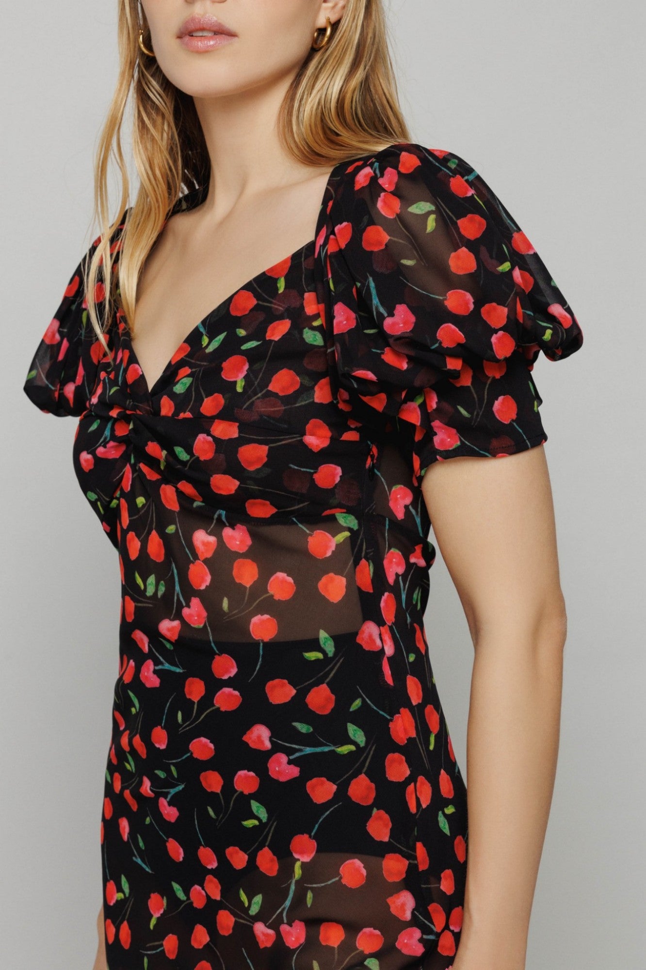 MAR DE MARGARITAS Abito Lungo Benedetta in Georgette con manica a palloncino-Cerises Noir