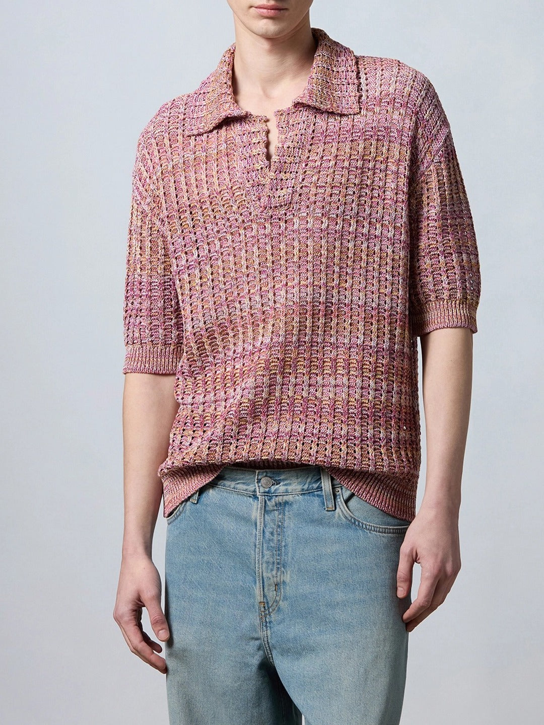 ROBERTO COLLINA Polo Uomo Punto Rete Mouliné-Rosa