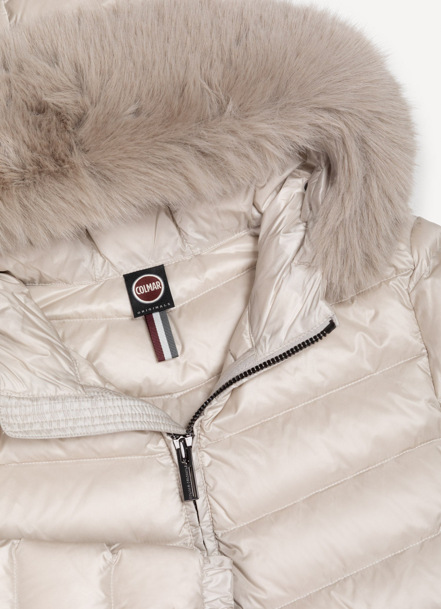 COLMAR Piumino Donna Trapuntato Cappuccio Ecopelliccia-Beige Canapa