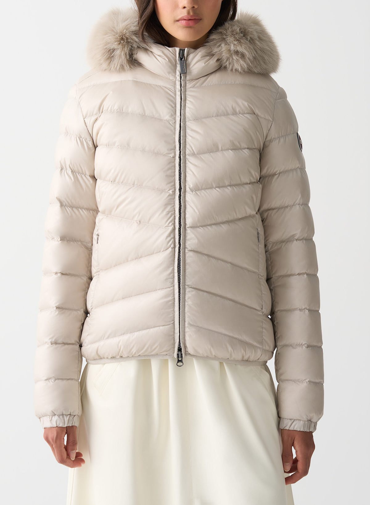 COLMAR Piumino Donna Trapuntato Cappuccio Ecopelliccia-Beige Canapa