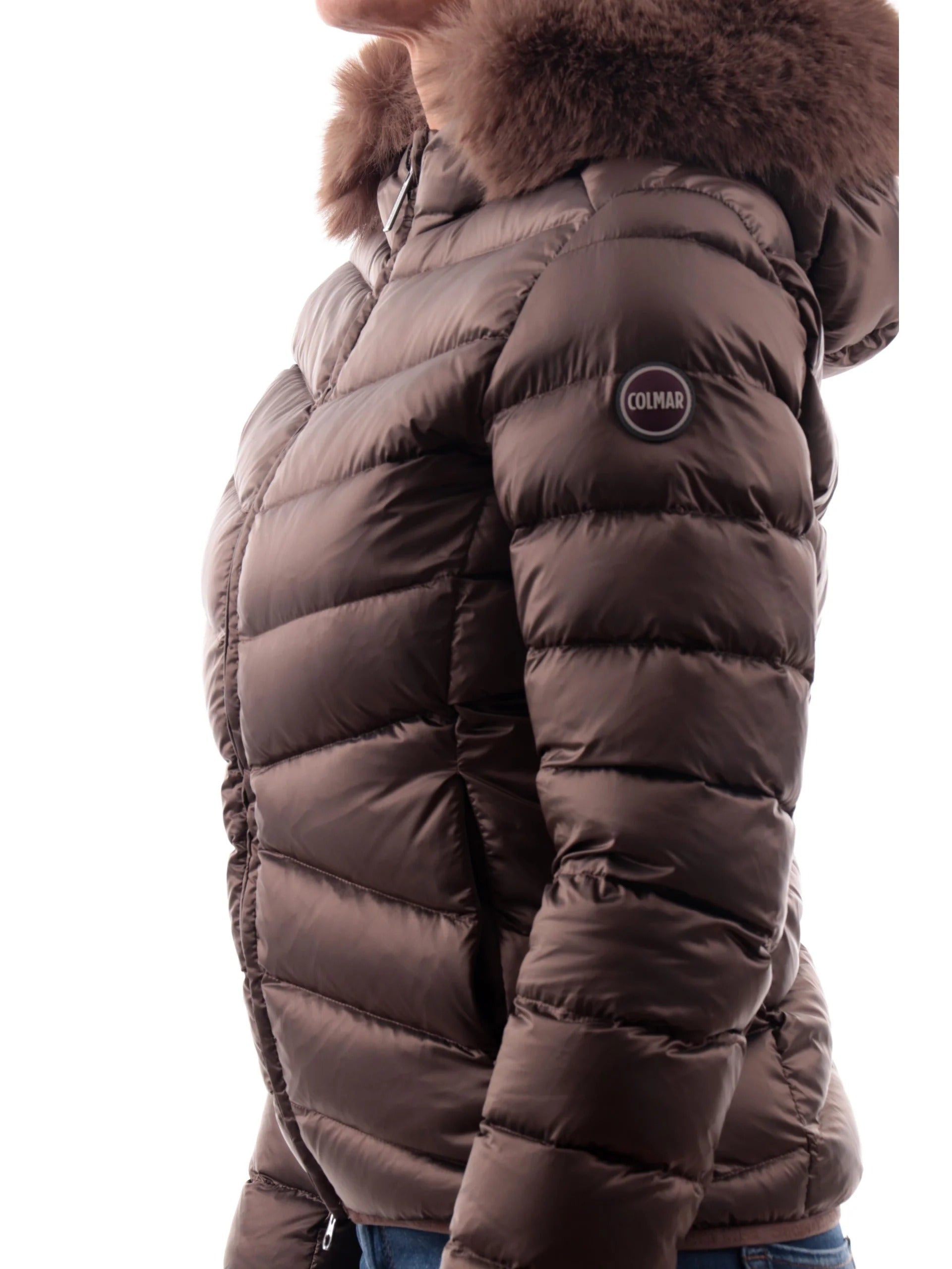 COLMAR Piumino Donna Trapuntato Cappuccio Ecopelliccia-Marrone Dark Yam