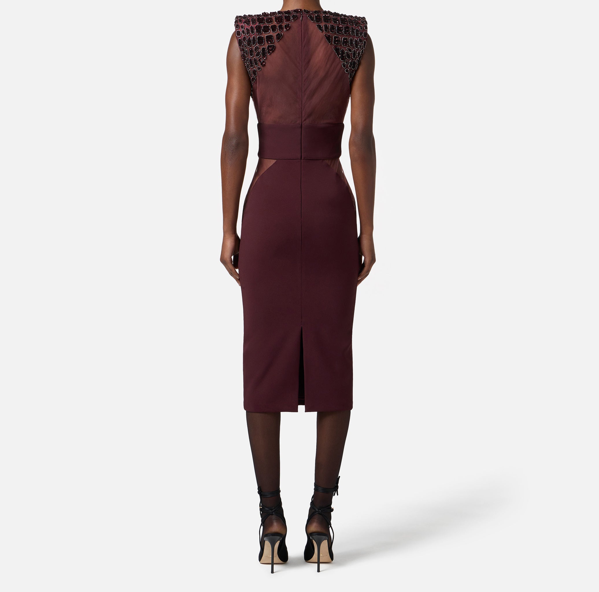 ELISABETTA FRANCHI Abito Midi crêpe Tulle Ricamo-Merlot