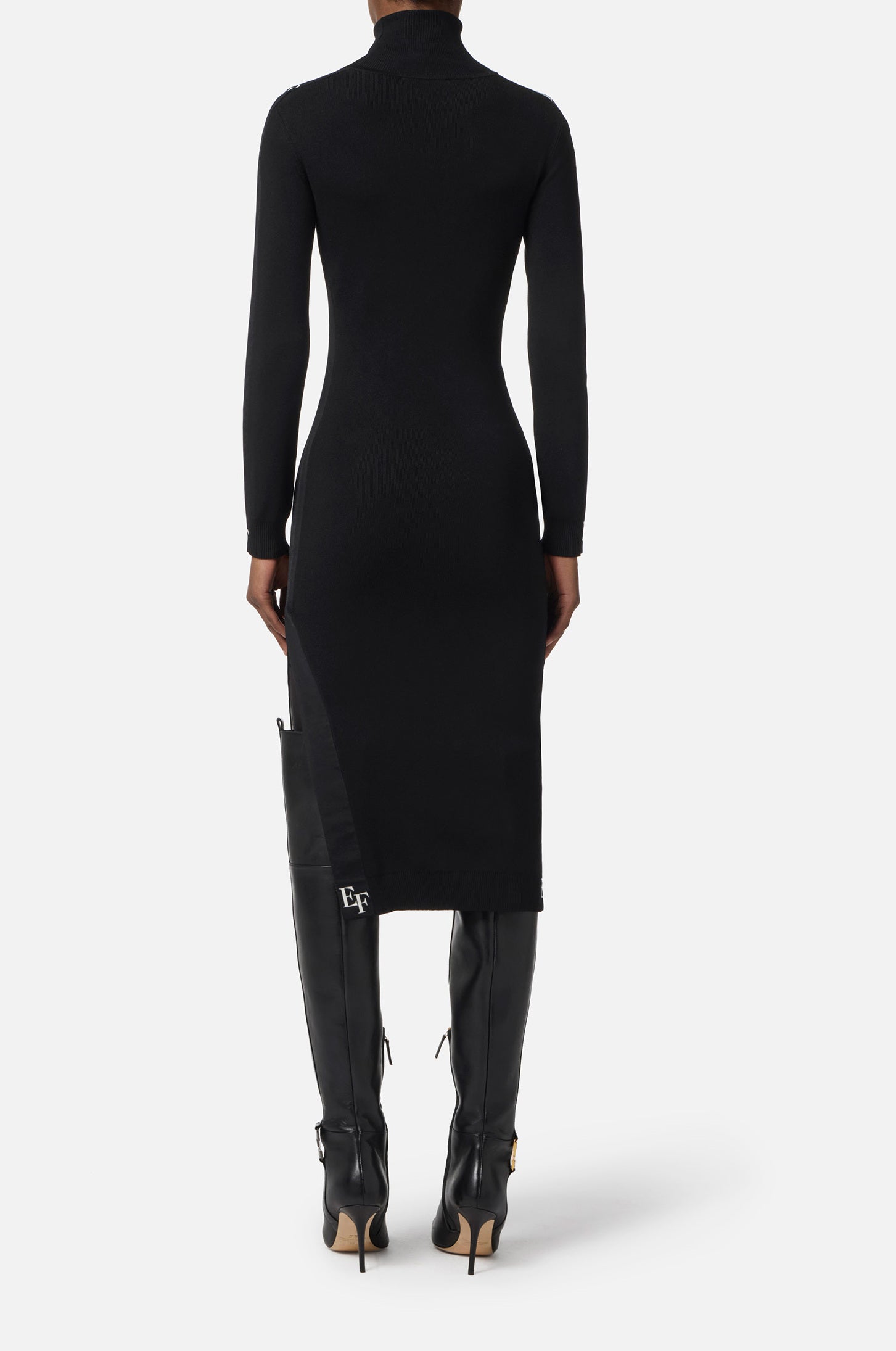 ELISABETTA FRANCHI Abito Midi Maglia Viscosa Bande Logo-Nero Milk