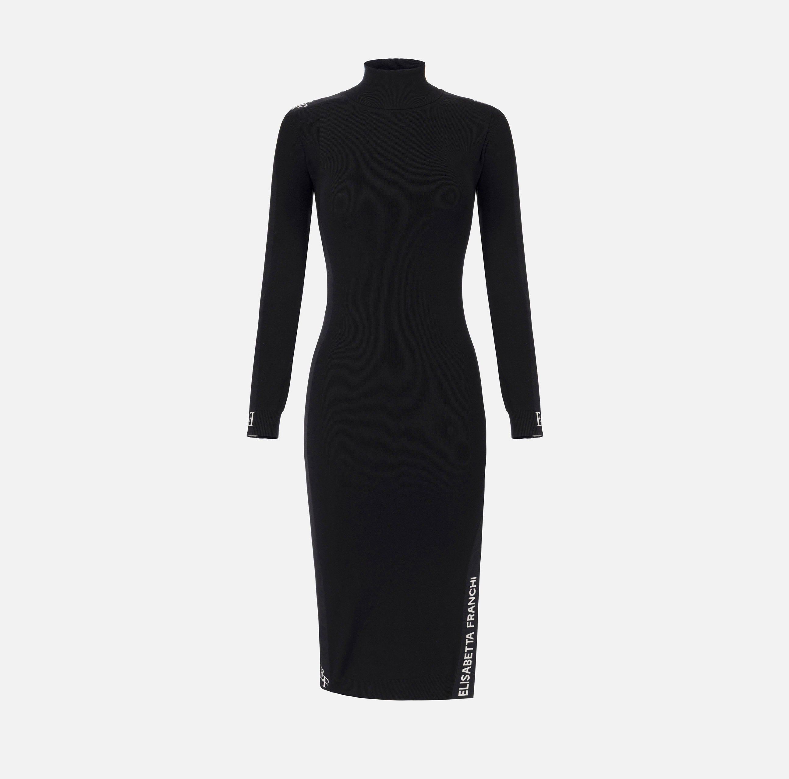 ELISABETTA FRANCHI Abito Midi Maglia Viscosa Bande Logo-Nero Milk