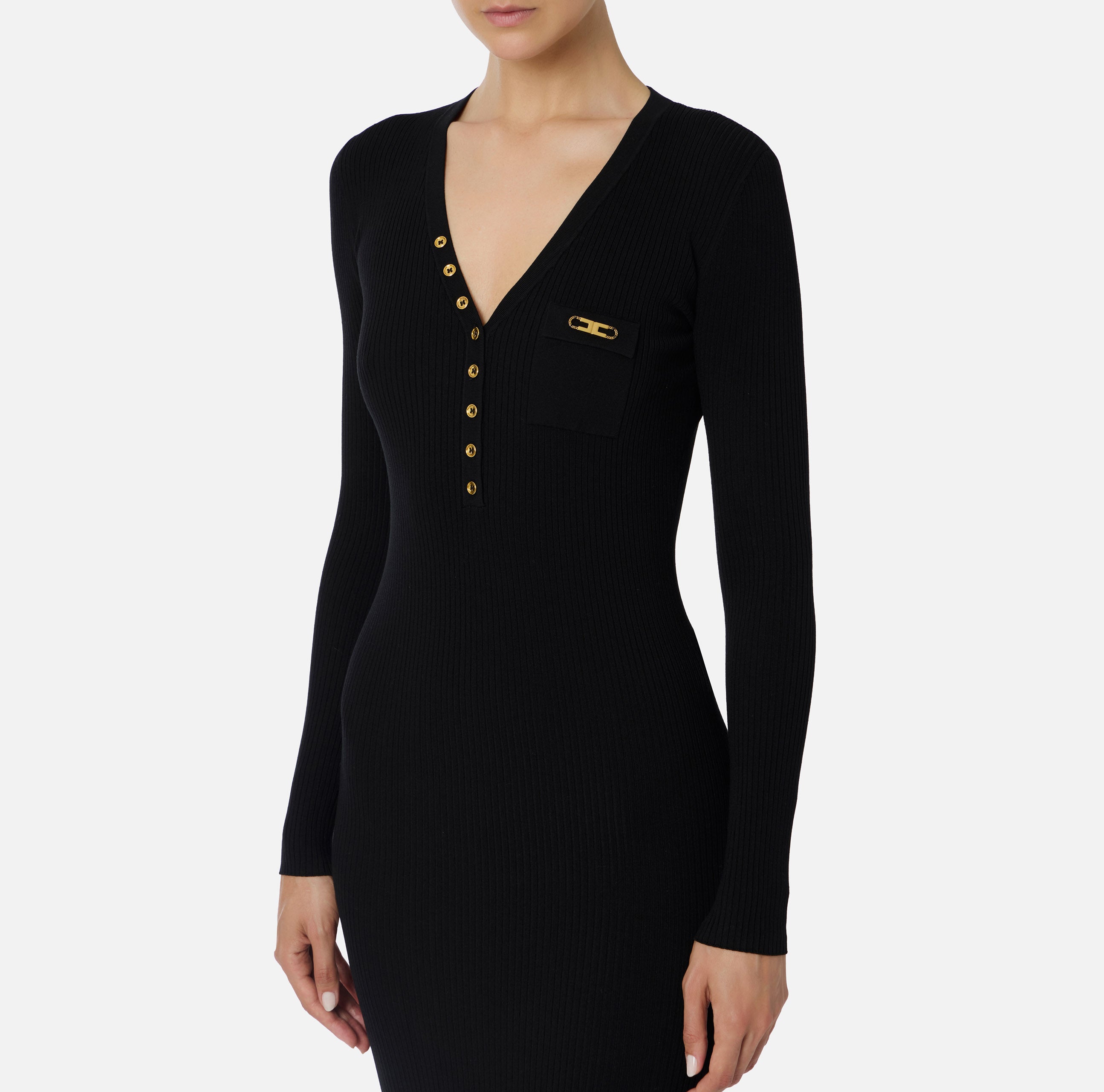 ELISABETTA FRANCHI Abito Midi Maglia Costine Taschino Logo-Nero