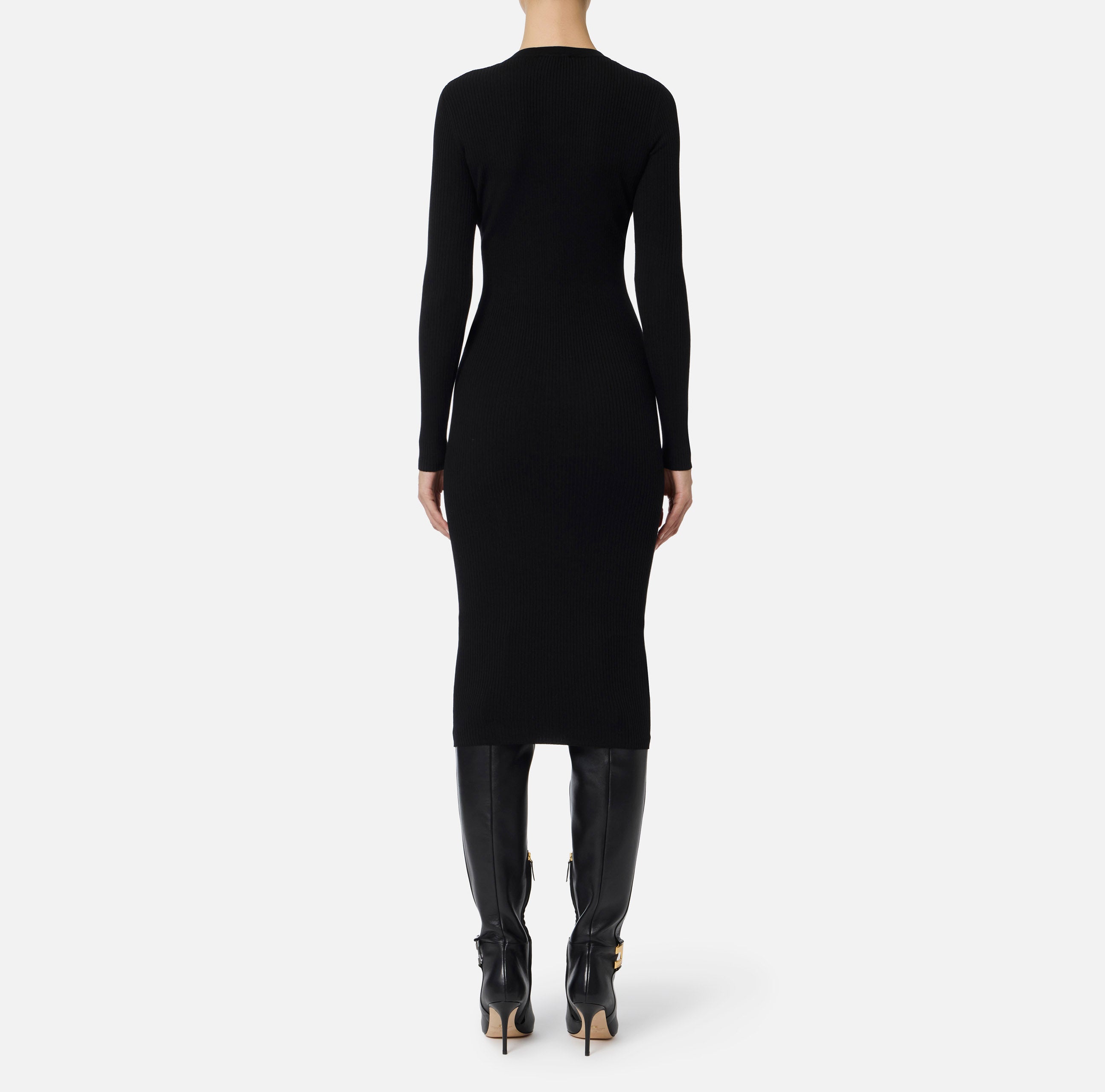 ELISABETTA FRANCHI Abito Midi Maglia Costine Taschino Logo-Nero