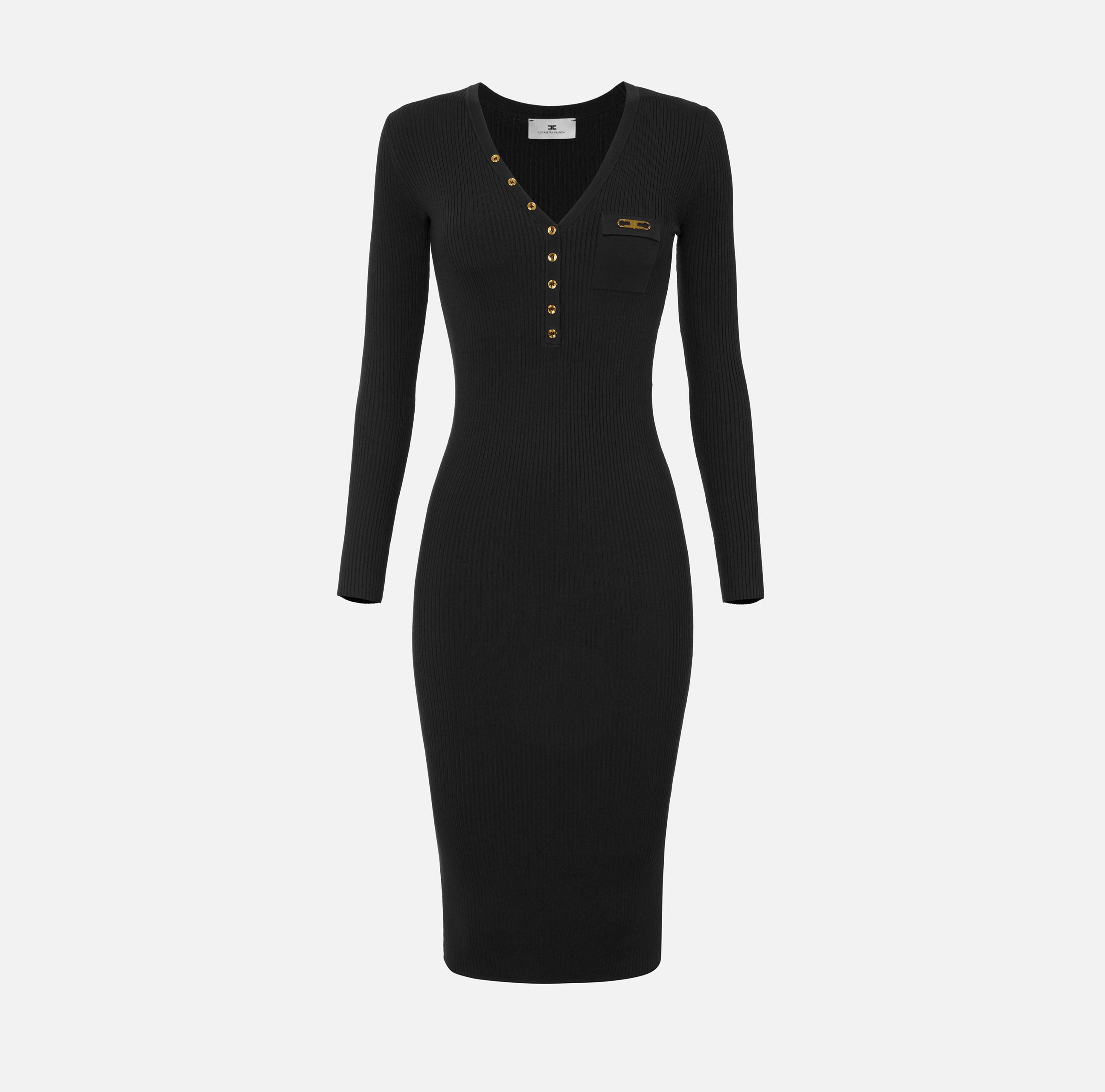 ELISABETTA FRANCHI Abito Midi Maglia Costine Taschino Logo-Nero