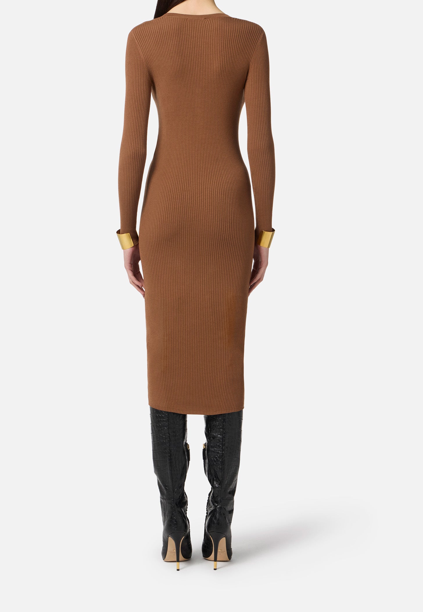 ELISABETTA FRANCHI Abito Midi Maglia Costine Taschino Logo-Brown Sugar