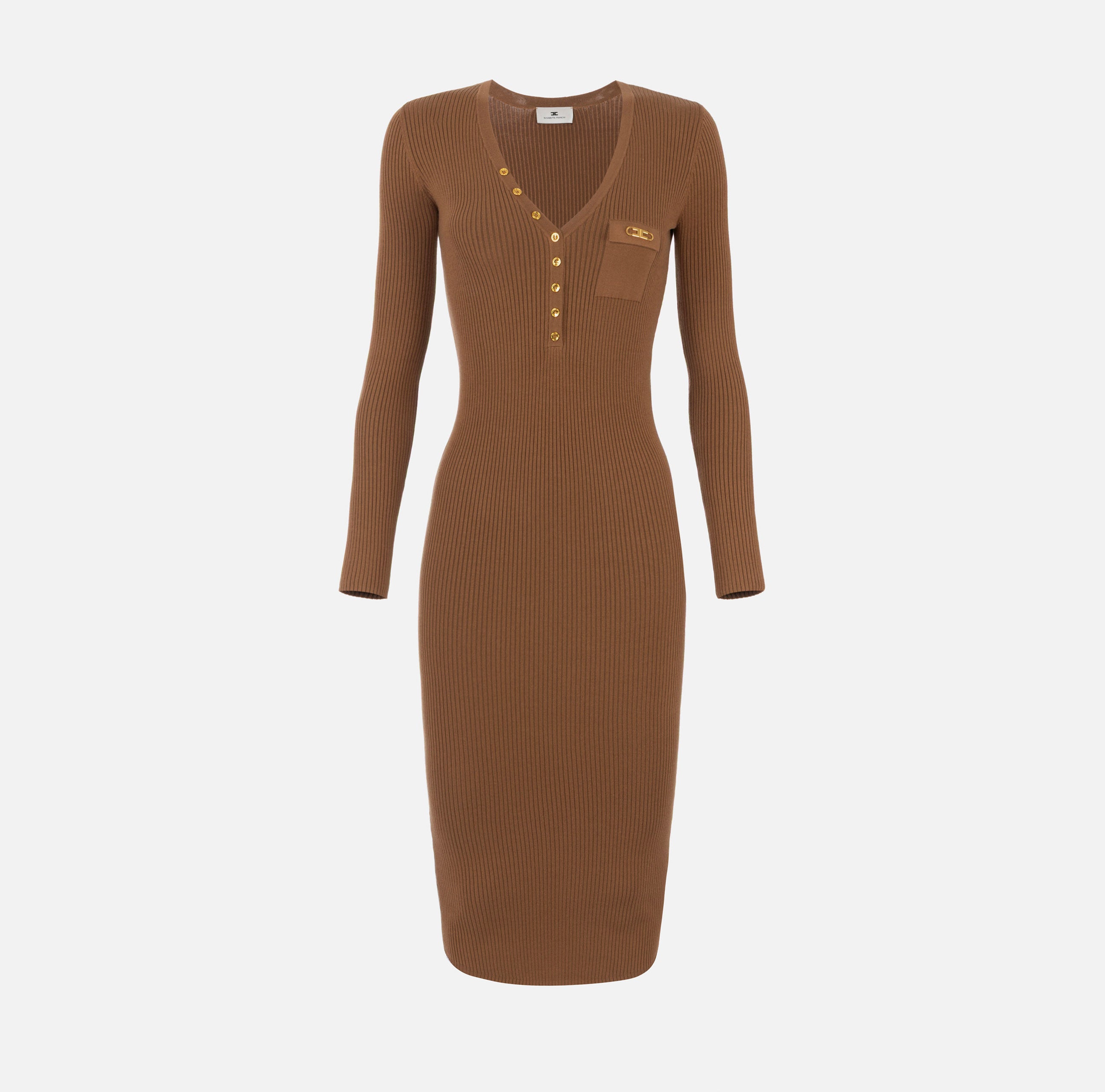 ELISABETTA FRANCHI Abito Midi Maglia Costine Taschino Logo-Brown Sugar