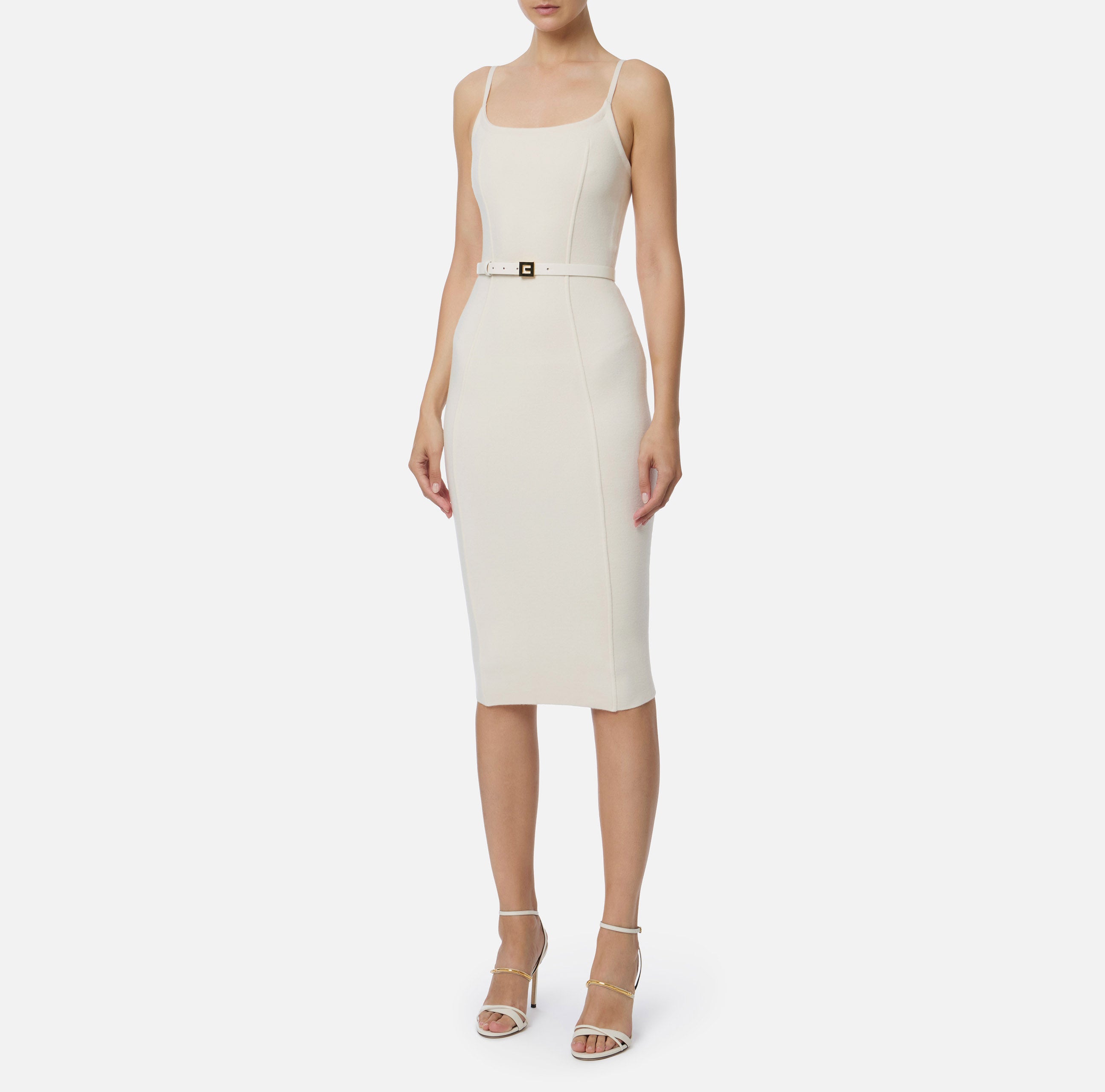ELISABETTA FRANCHI Abito Midi Maglia Punto Stoffa Cinntura-Milk