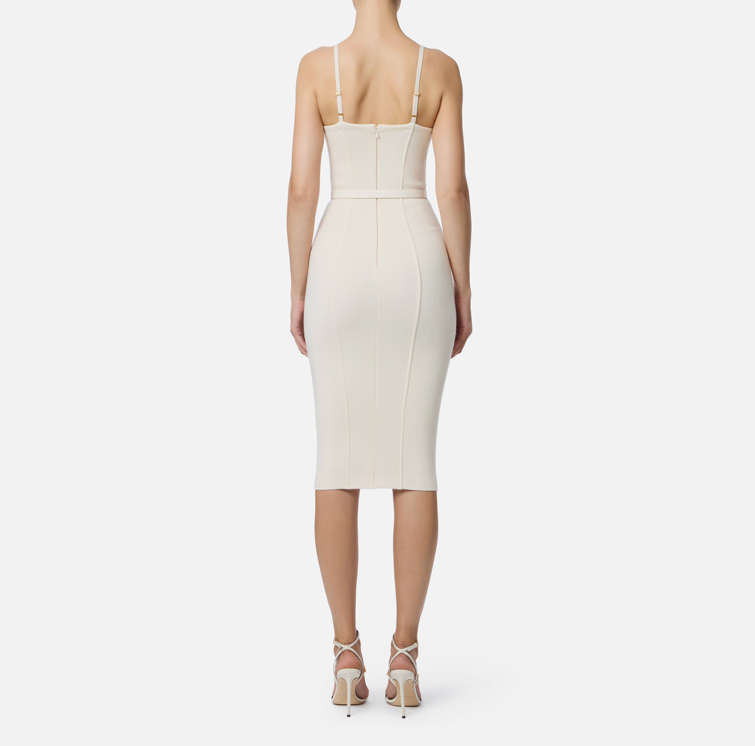 ELISABETTA FRANCHI Abito Midi Maglia Punto Stoffa Cinntura-Milk