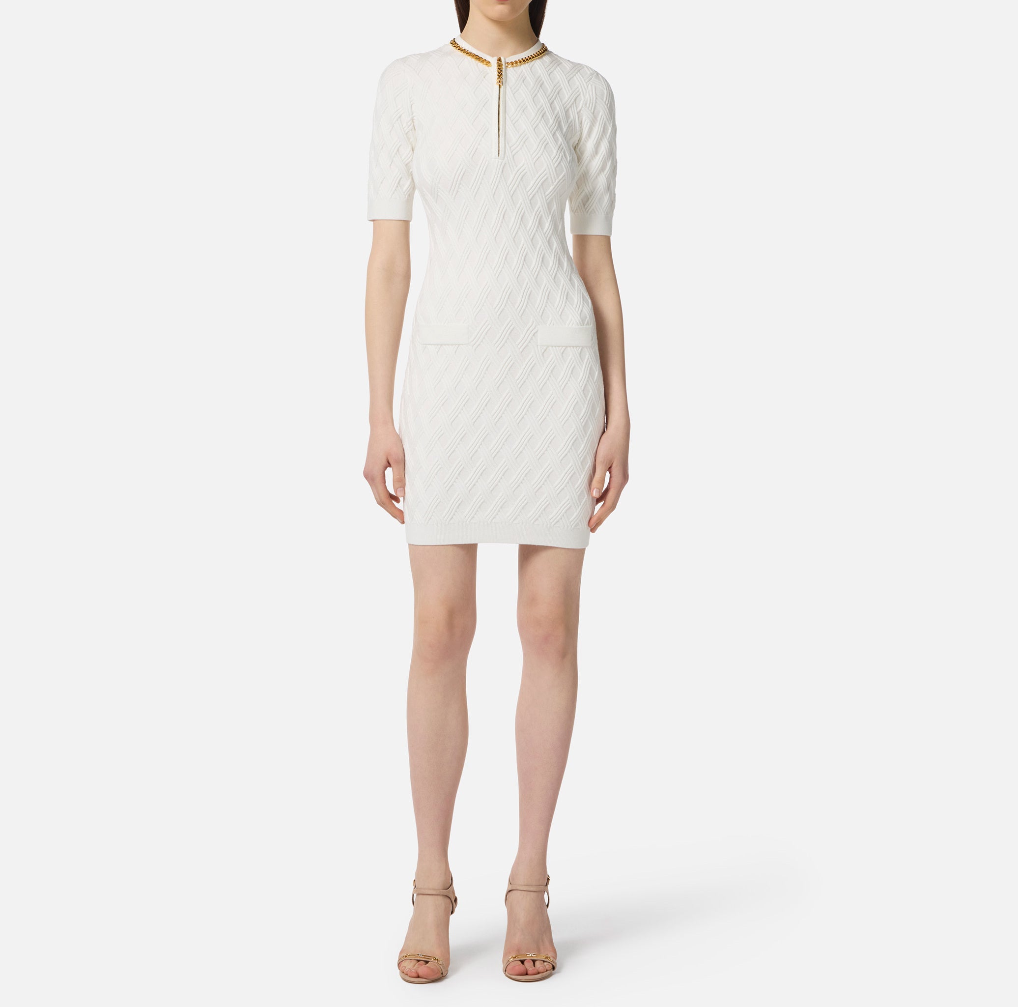 ELISABETTA FRANCHI Abito Corto Maglia Rombi Zip-Avorio