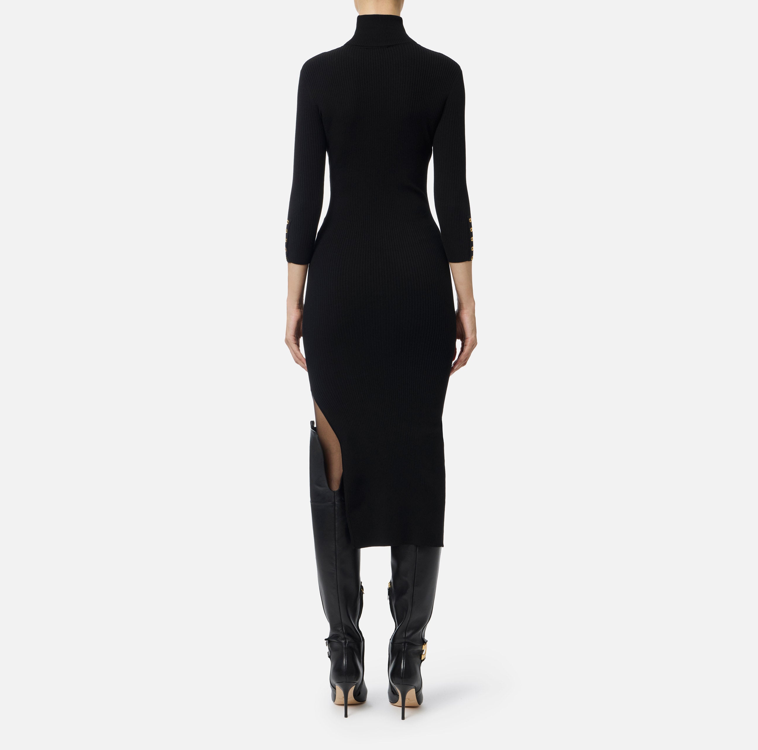 ELISABETTA FRANCHI Abito Midi Maglia Costine Taschino-Nero