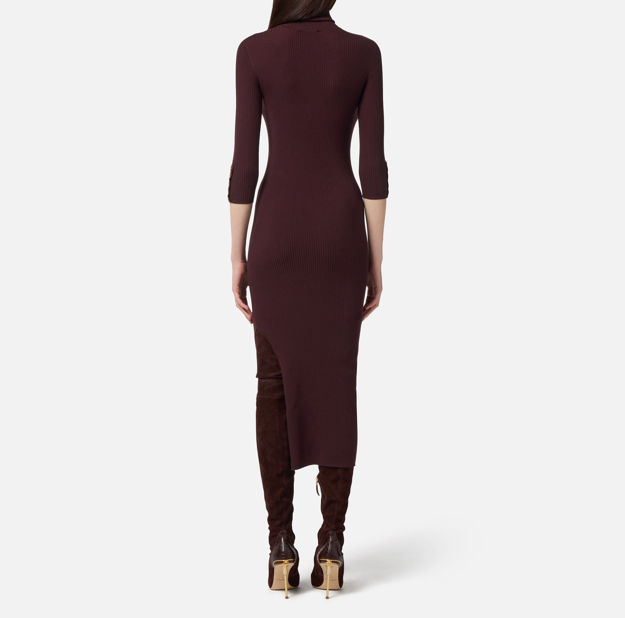 ELISABETTA FRANCHI Abito Midi Maglia Costine Taschino-Merlot