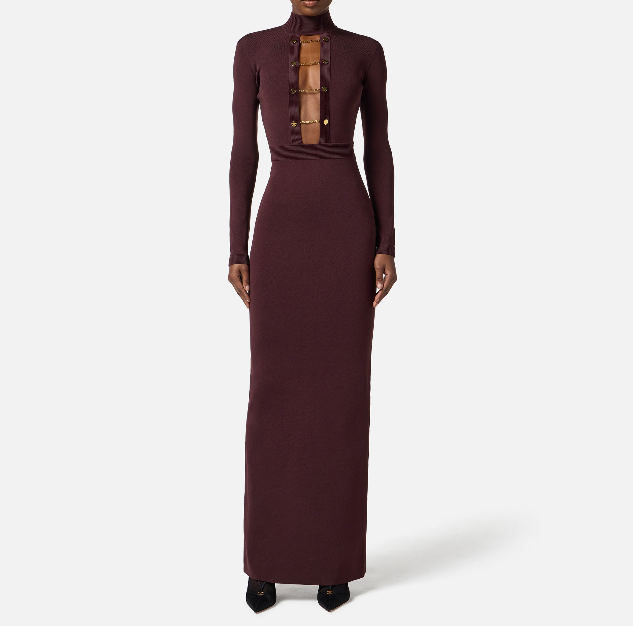 ELISABETTA FRANCHI Abito Lungo Maglia Viscosa Gemelli-Merlot