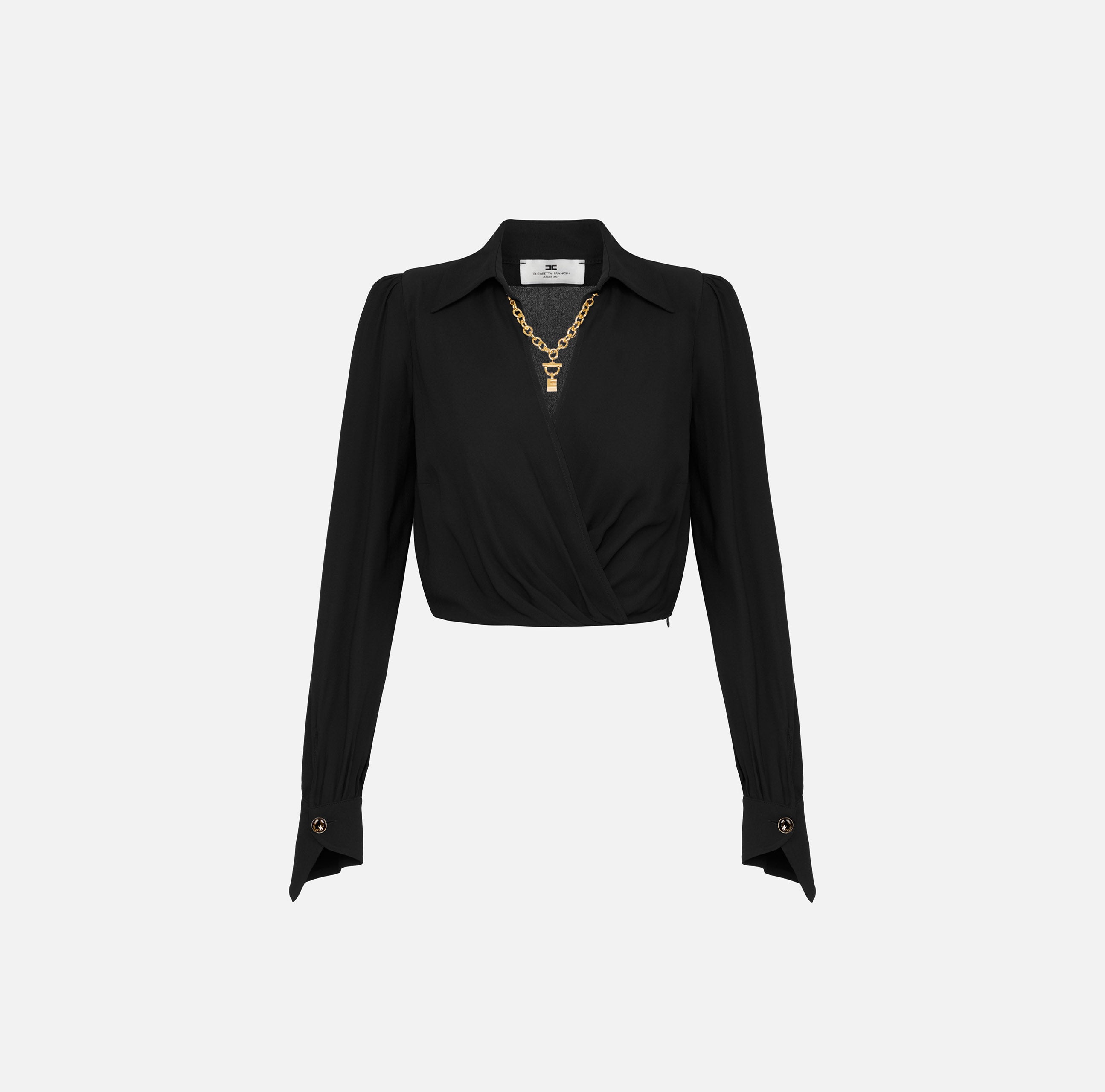 ELISABETTA FRANCHI Camicia Cropped Georgette Viscosa Gioiello-Nero