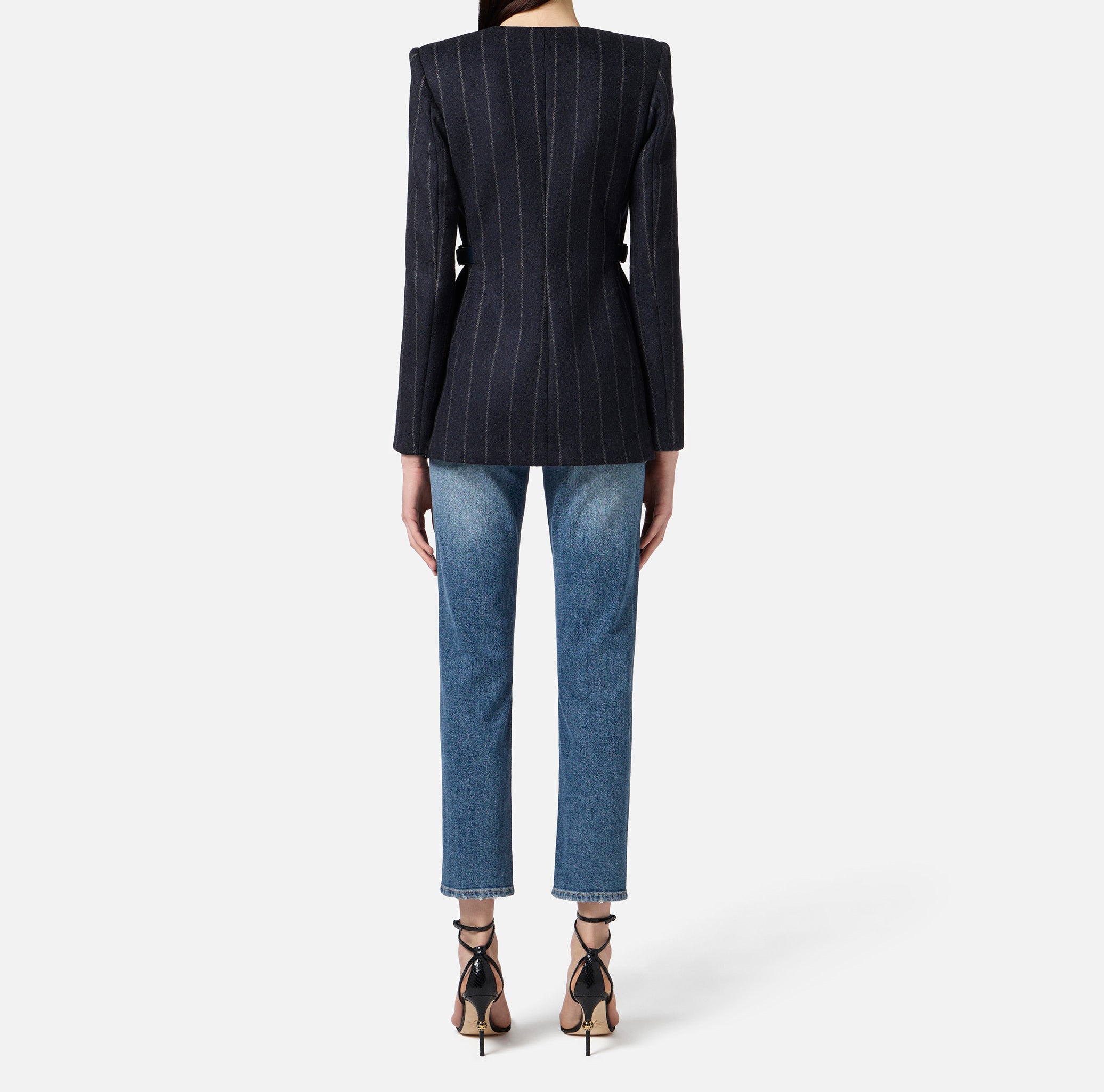 ELISABETTA FRANCHI Cappotto Corto Doppiopetto Panno Lana Gessato-Twilight