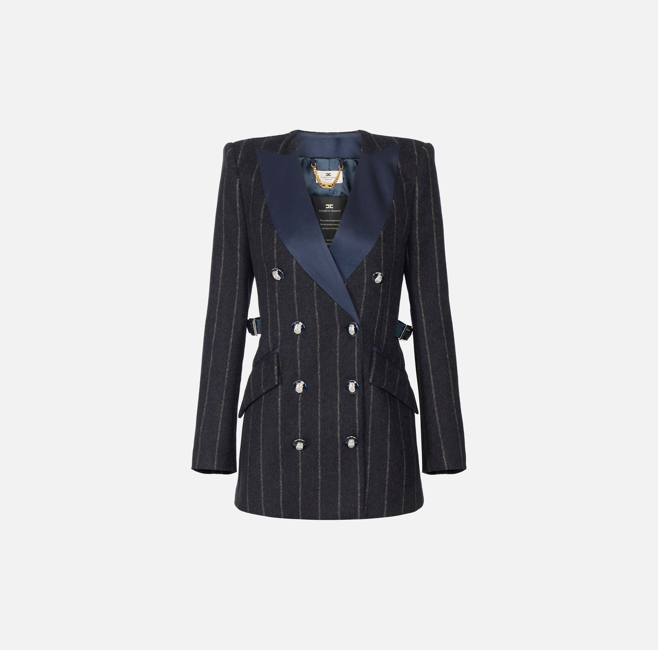 ELISABETTA FRANCHI Cappotto Corto Doppiopetto Panno Lana Gessato-Twilight