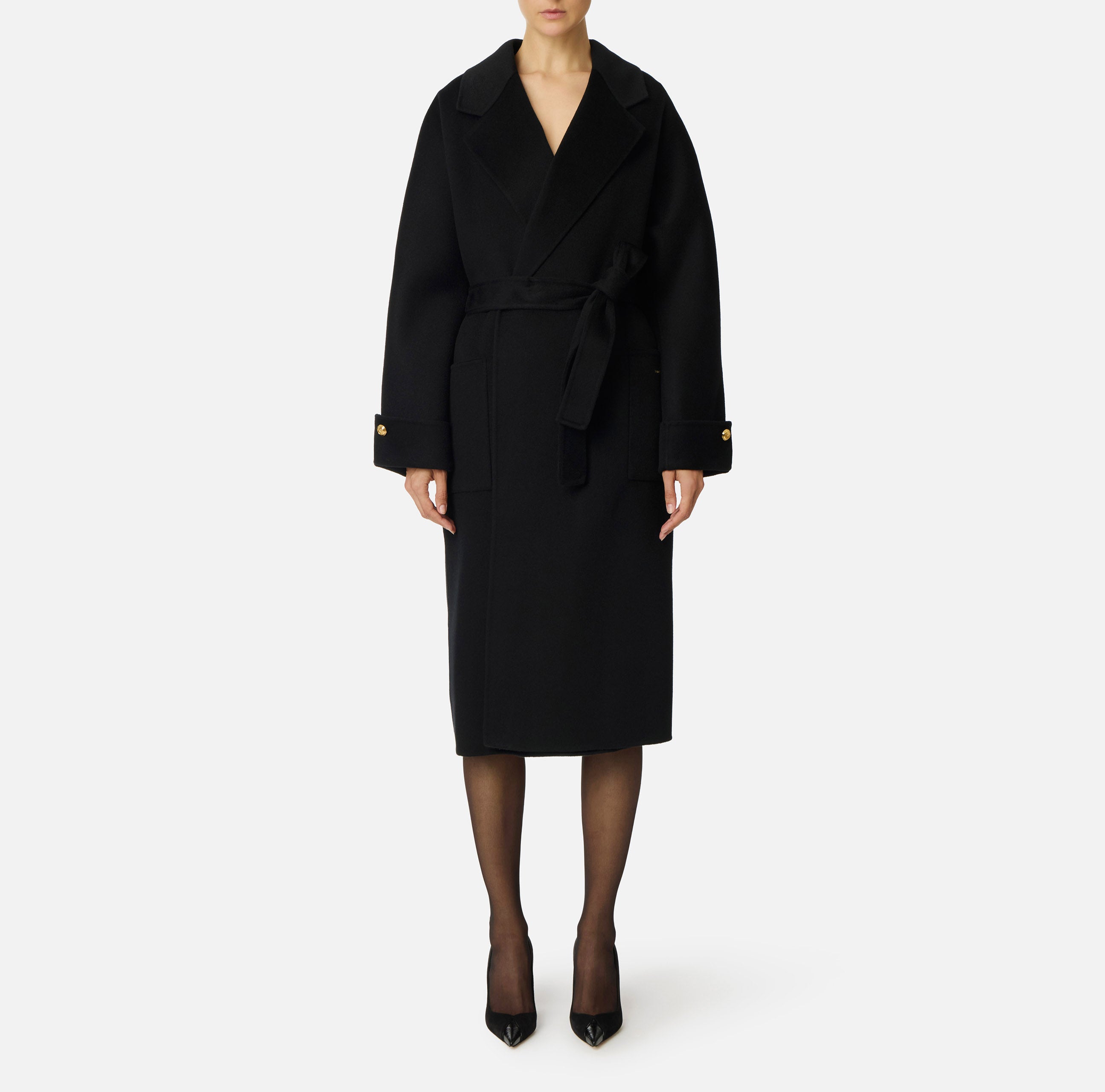 ELISABETTA FRANCHI Cappotto Midi Vestaglia Panno Lana-Nero