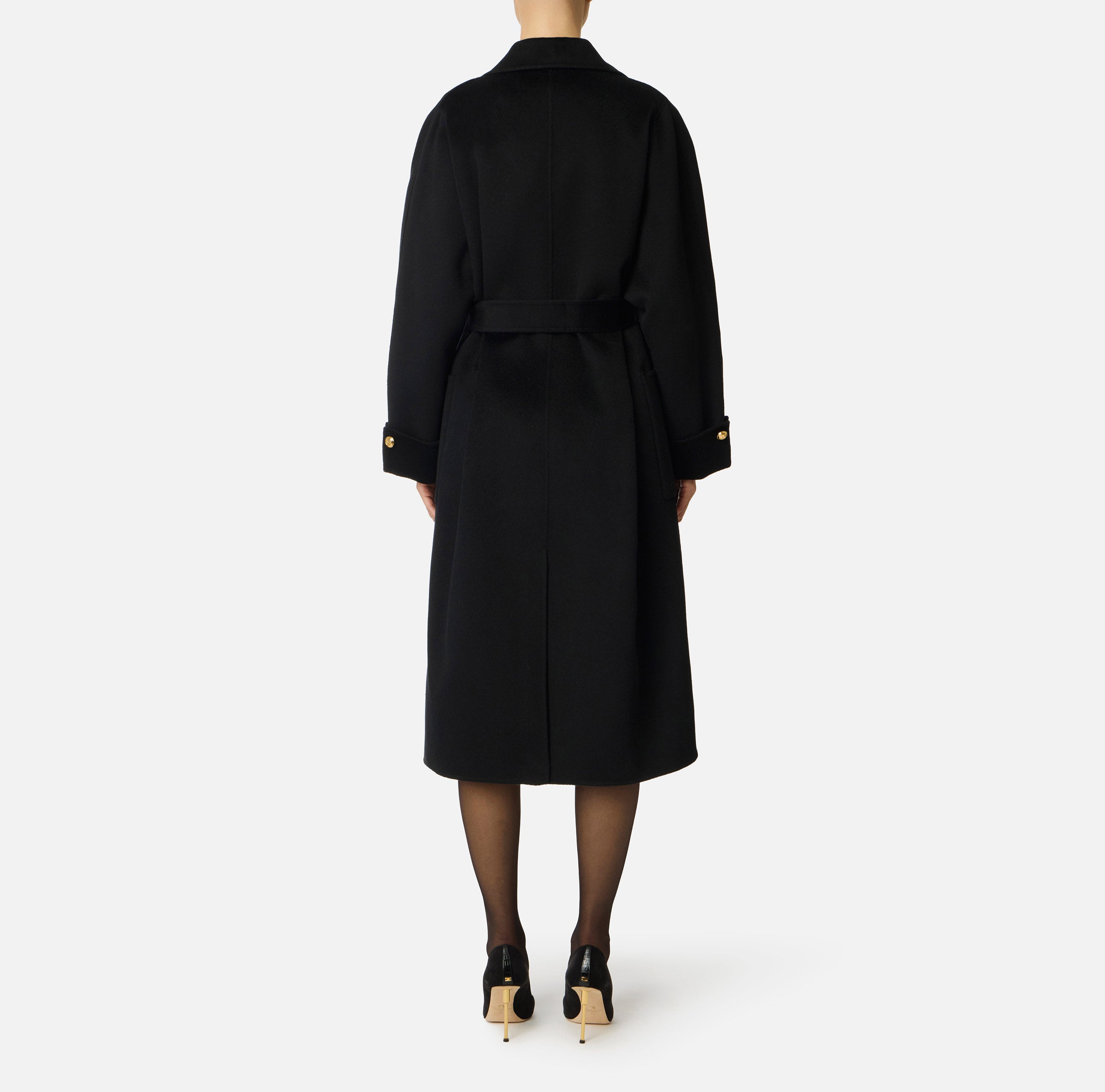 ELISABETTA FRANCHI Cappotto Midi Vestaglia Panno Lana-Nero