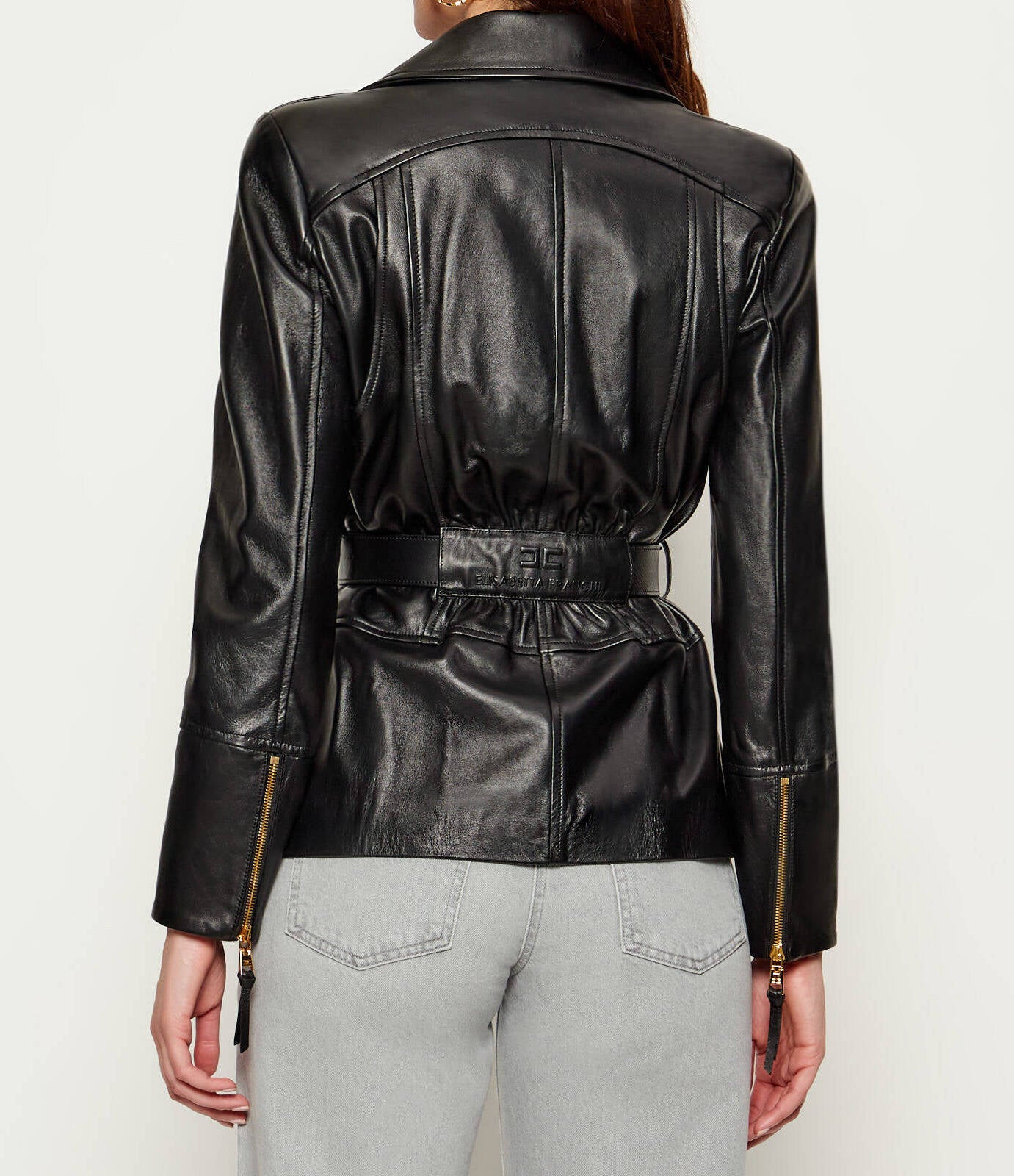 ELISABETTA FRANCHI Giacca Biker Pelle con Cintura-Nero