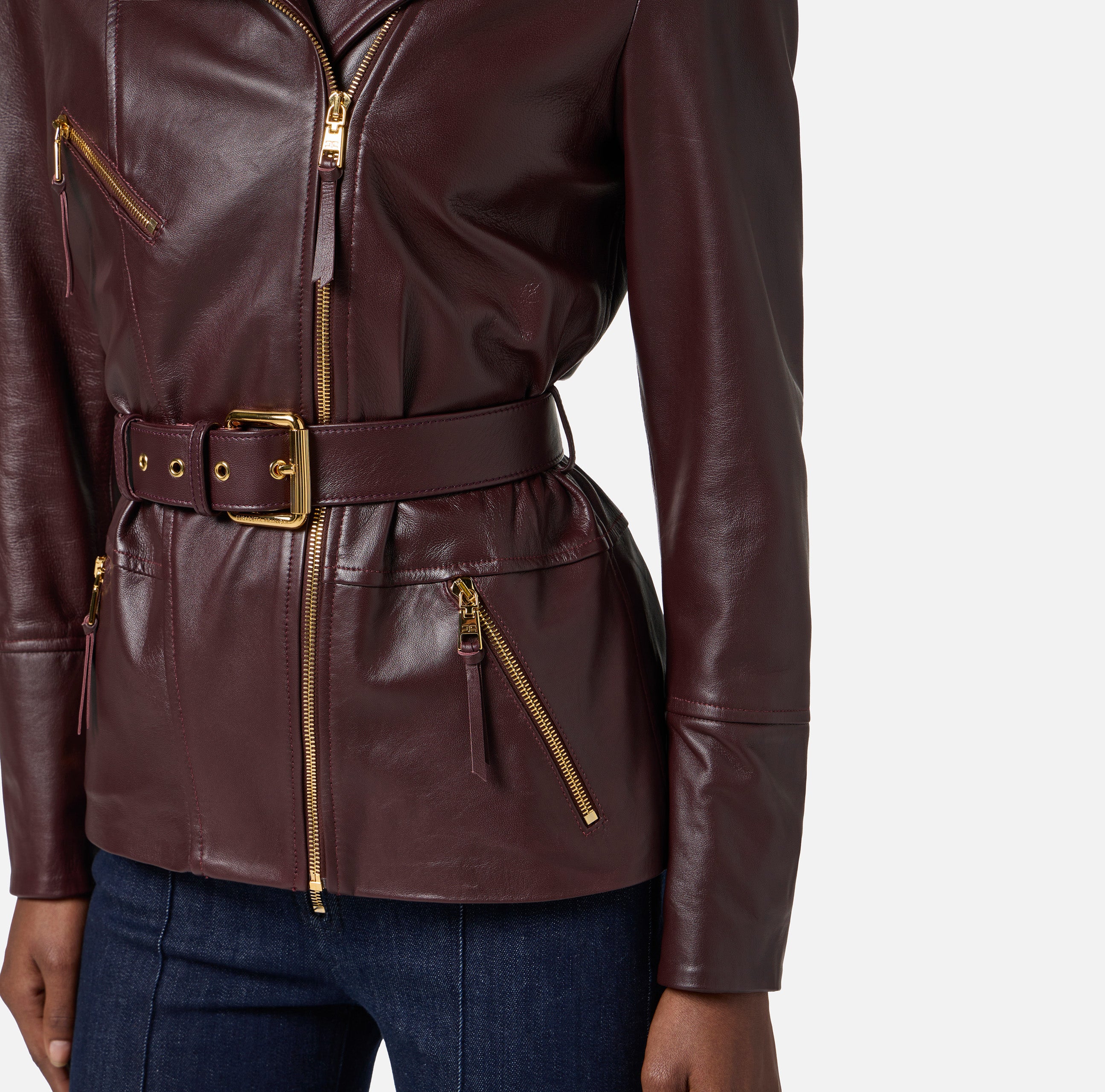 ELISABETTA FRANCHI Giacca Biker Pelle con Cintura-Merlot