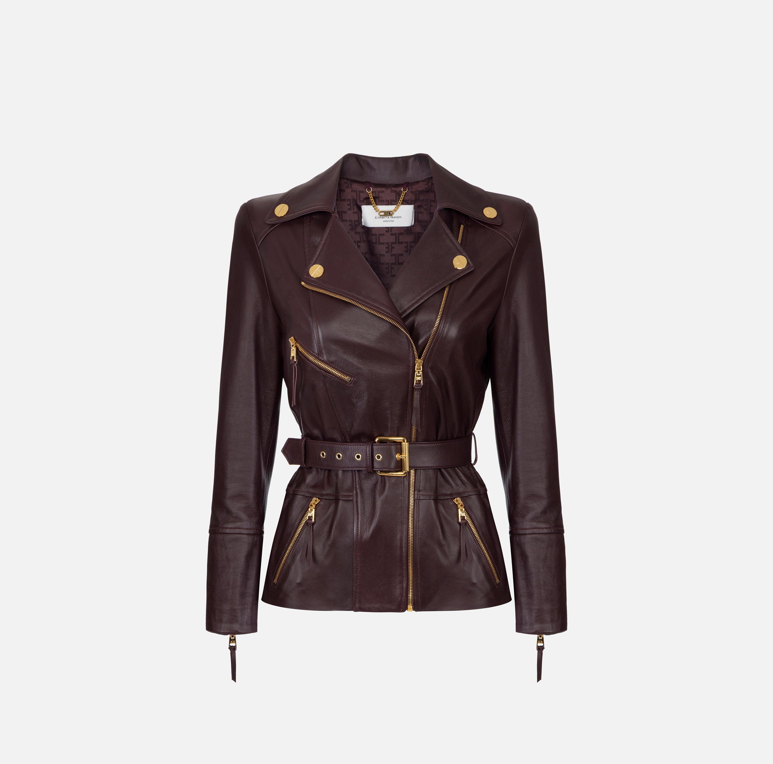 ELISABETTA FRANCHI Giacca Biker Pelle con Cintura-Merlot
