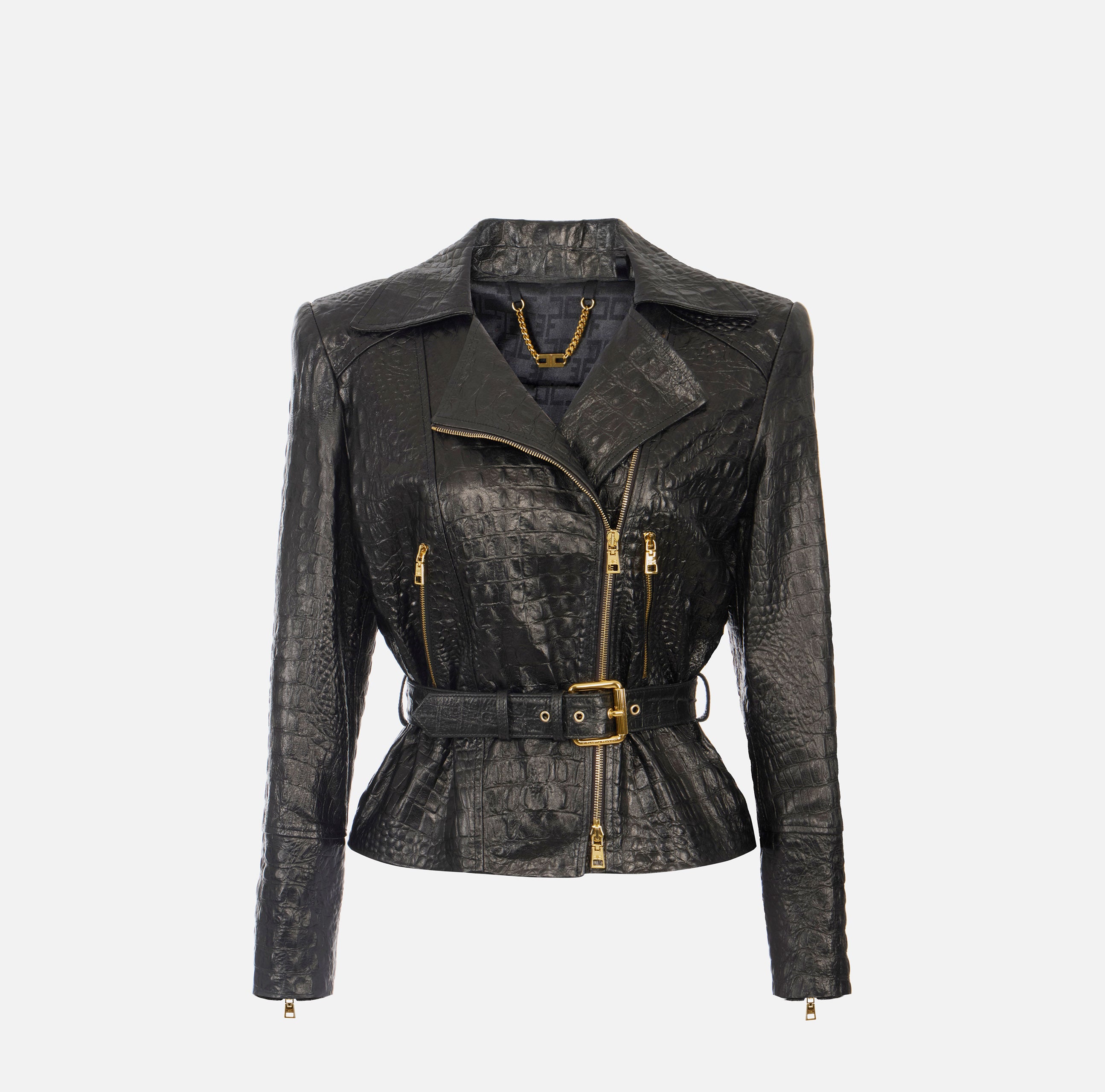 ELISABETTA FRANCHI Giacca Biker Pelle Coccodrillo Cintura-Nero