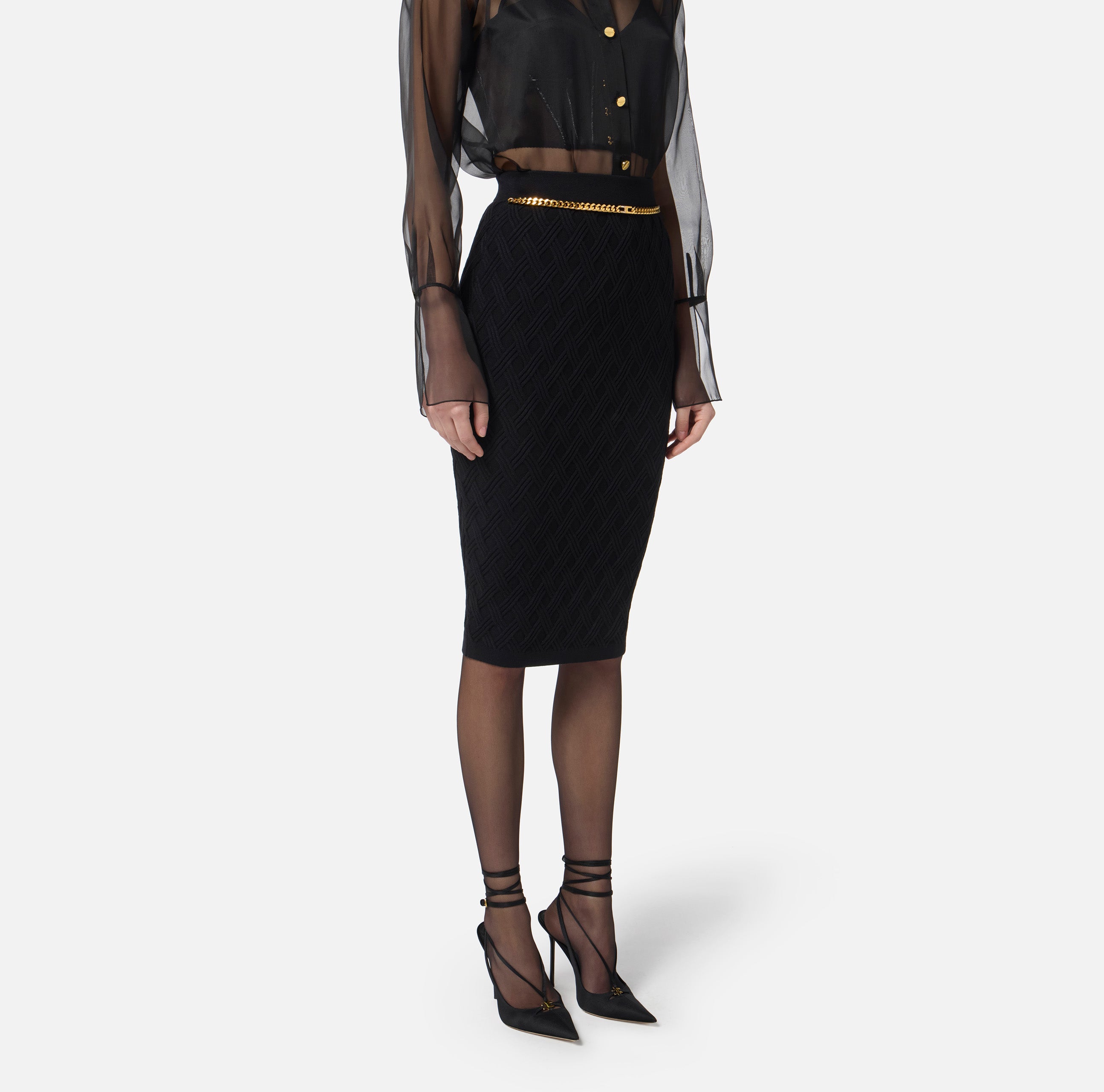 ELISABETTA FRANCHI Gonna Midi Maglia Rombi Catena-Nero