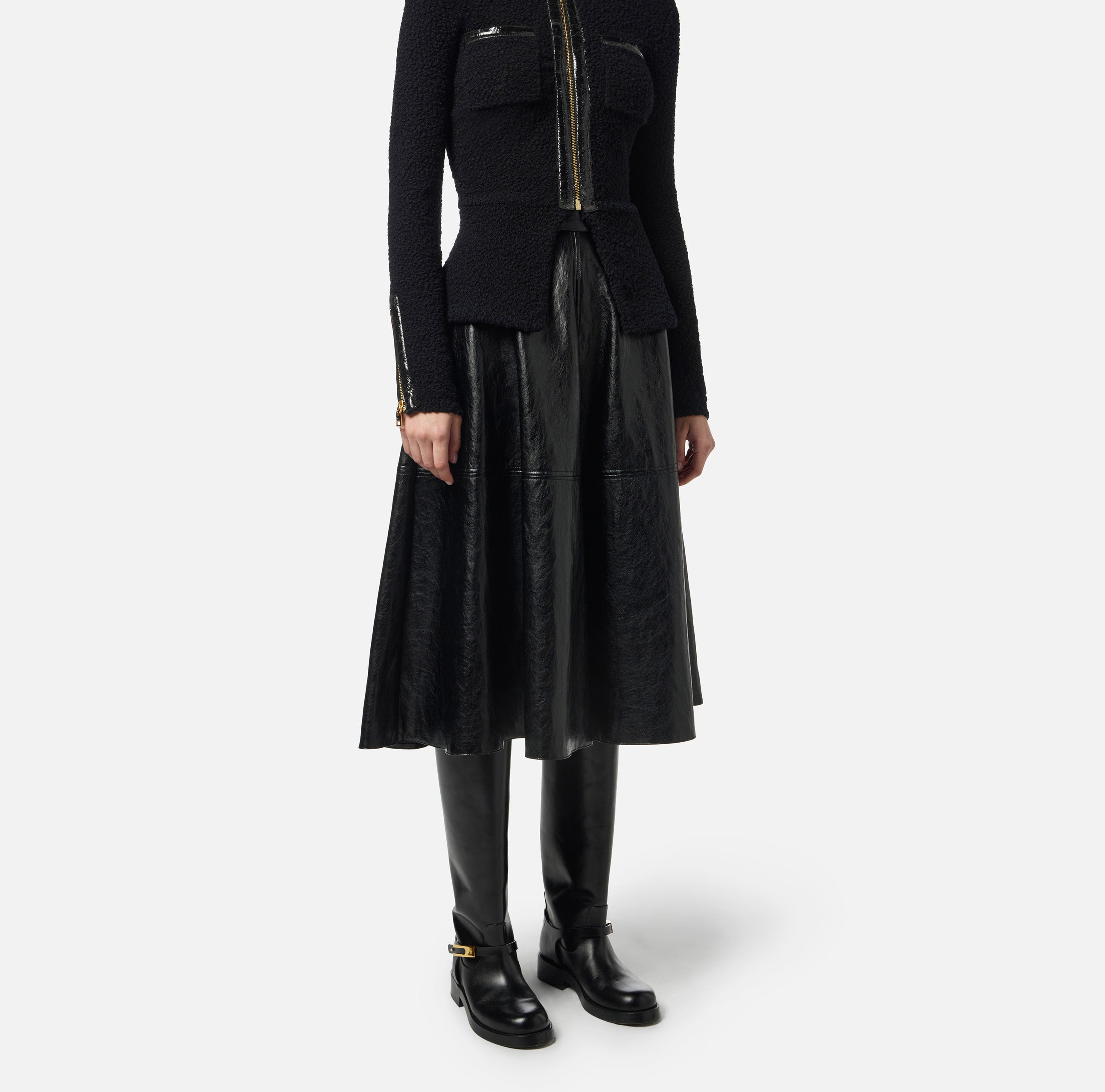 ELISABETTA FRANCHI Gonna Midi Ecopelle Craquelé Logo-Nero
