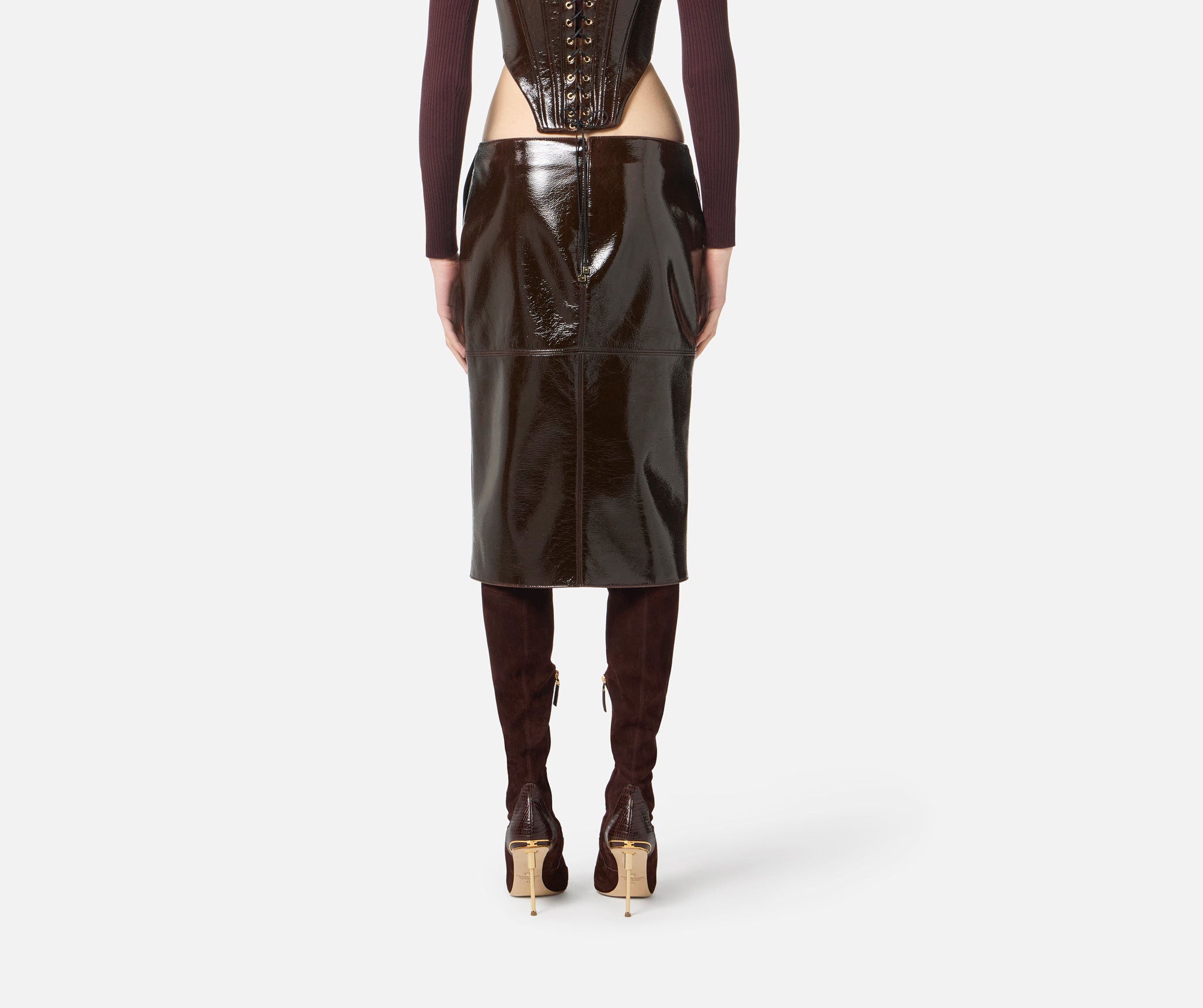 ELISABETTA FRANCHI Gonna Midi Panno Spalmato-Coffee