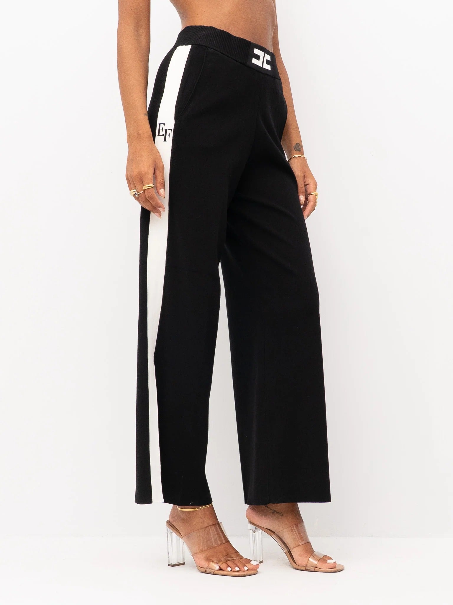 ELISABETTA FRANCHI Pantalone Maglia Viscosa Bande Logo-Nero Milk