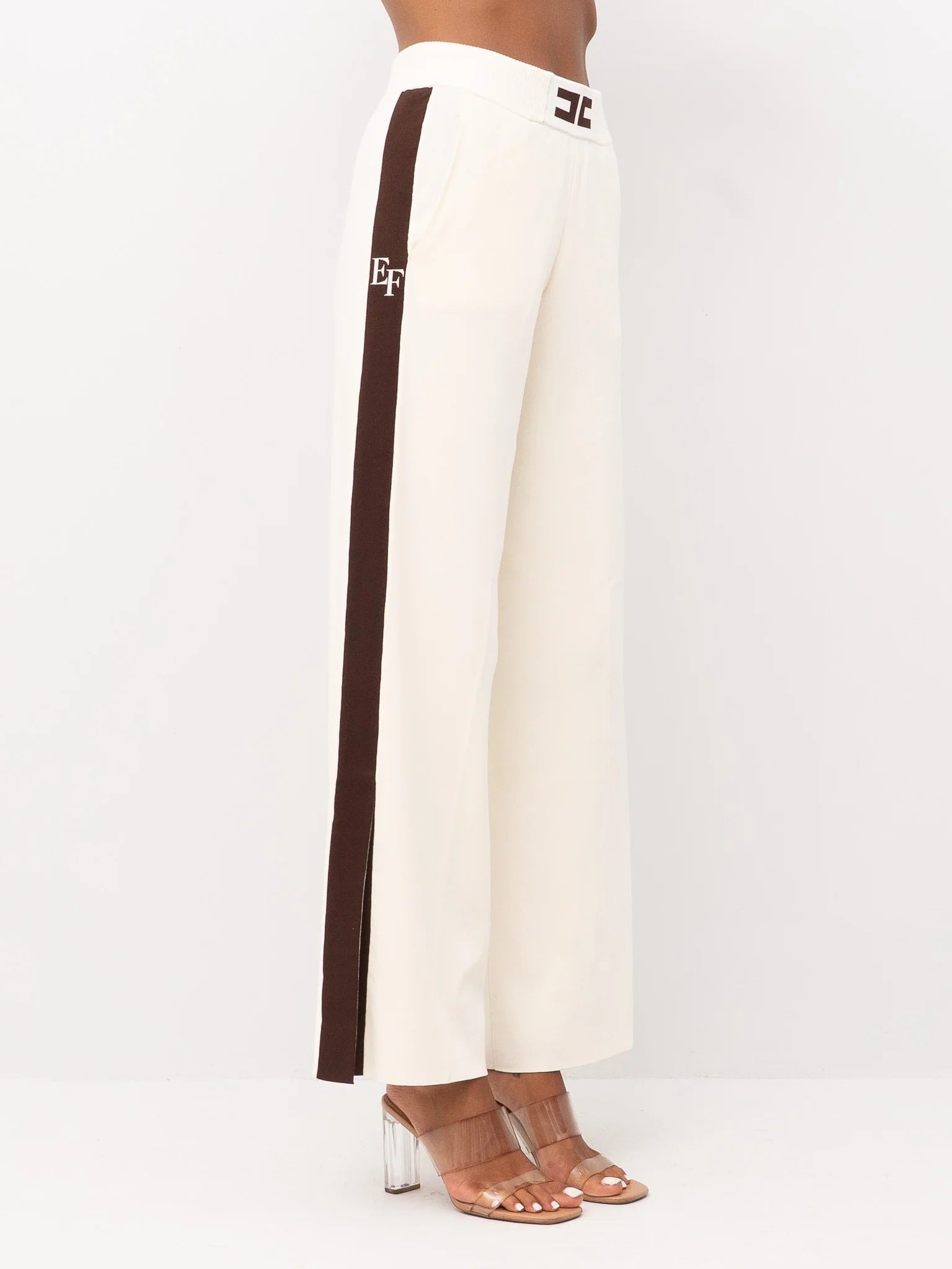 ELISABETTA FRANCHI Pantalone Maglia Viscosa Bande Logo-Milk Coffee