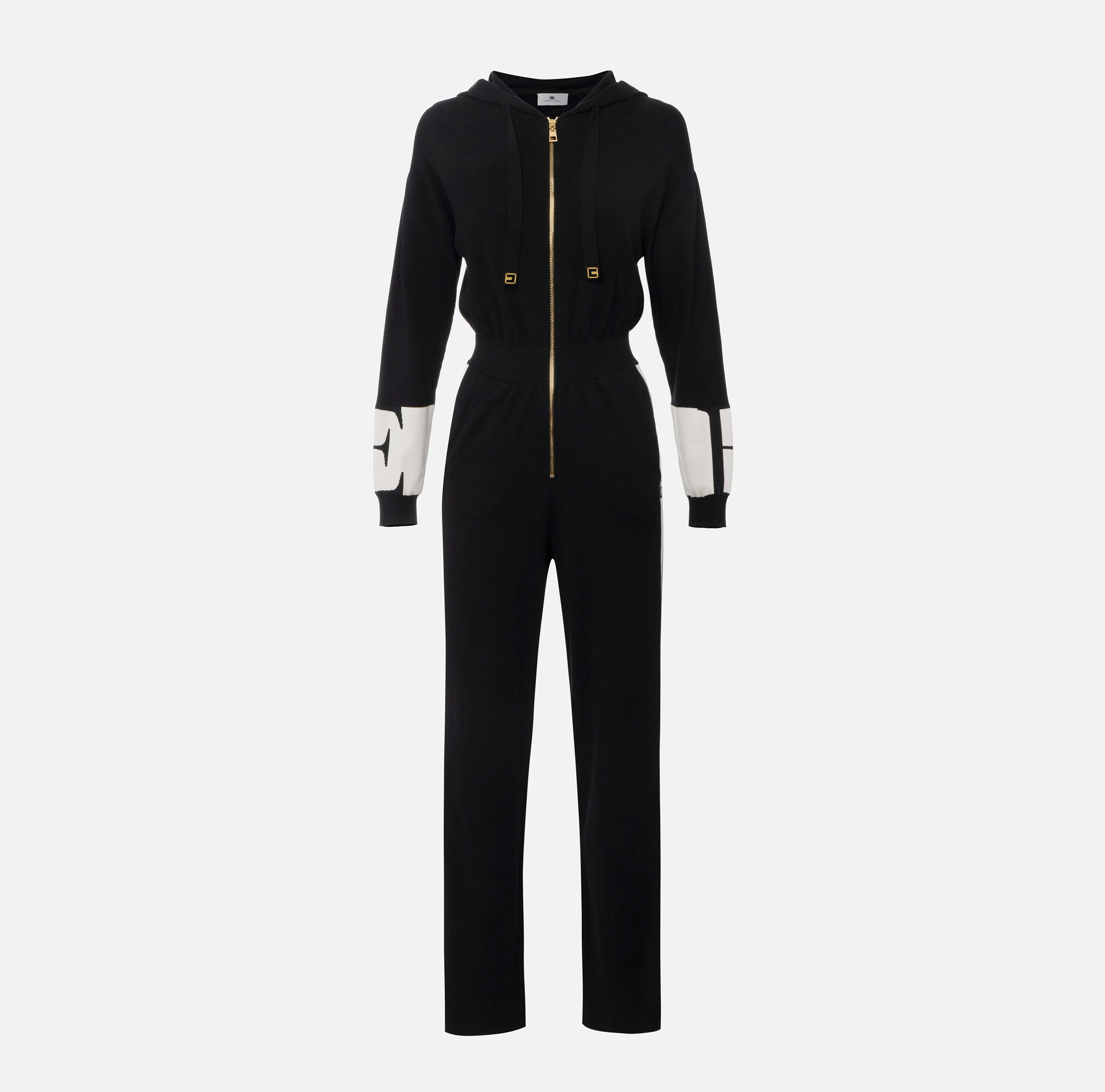 ELISABETTA FRANCHI Tuta Maglia Viscosa Bande Logo-Nero Milk