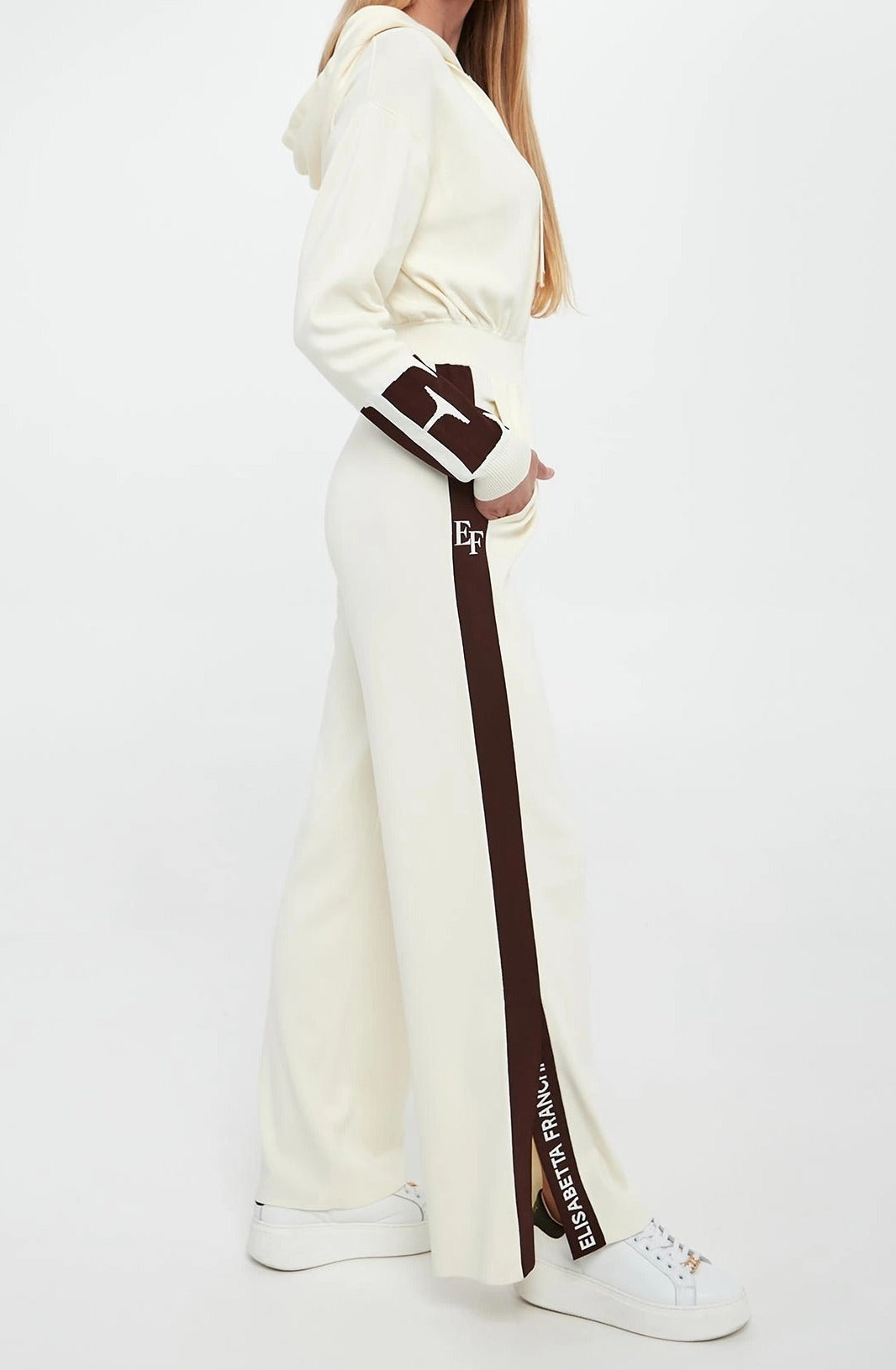 ELISABETTA FRANCHI Tuta Maglia Viscosa Bande Logo-Milk Coffe