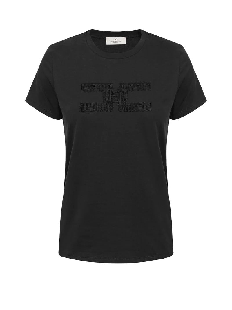 ELISABETTA FRANCHI T-Shirt Jersey Cotone Doppio Logo-Nero
