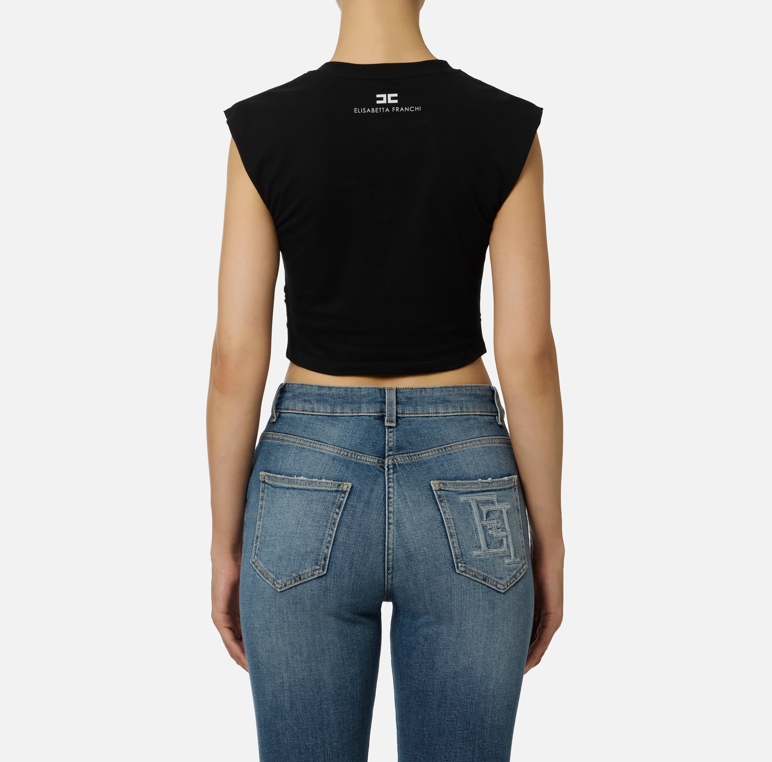 ELISABETTA FRANCHI T-Shirt Cropped Logo Gioiello-Nero