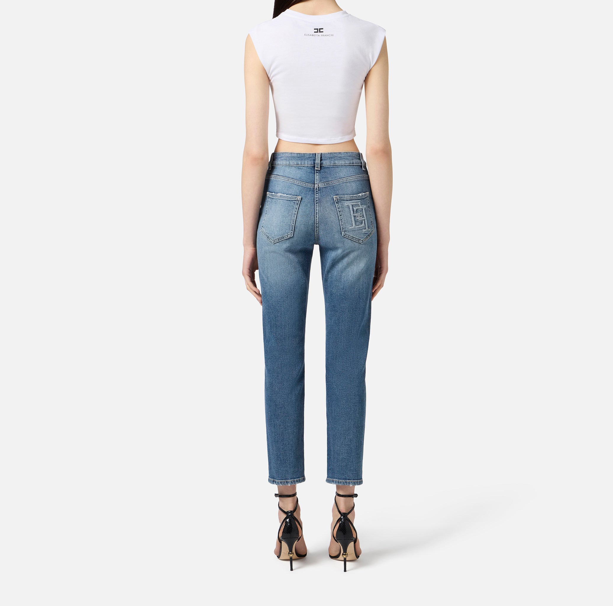 ELISABETTA FRANCHI T-Shirt Cropped Logo Gioiello-Gesso