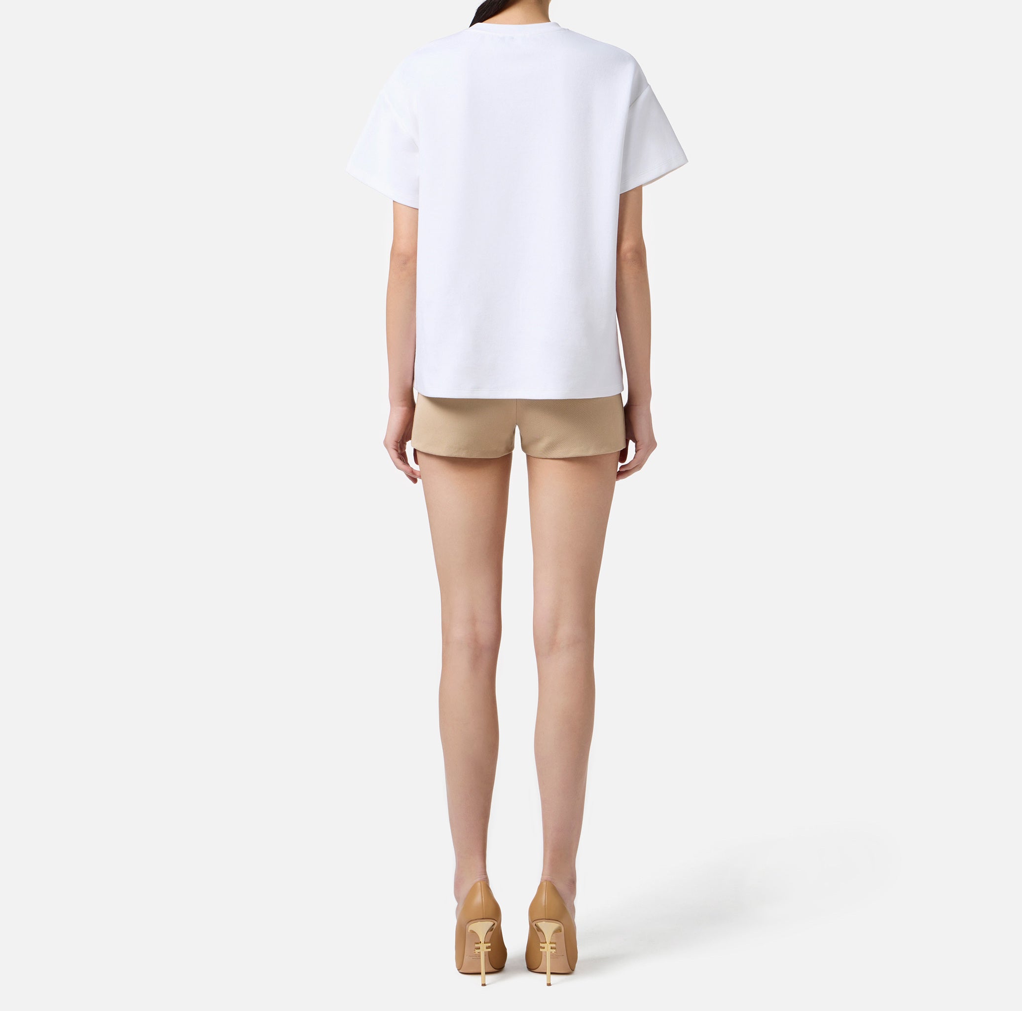 ELISABETTA FRANCHI T-Shirt Jersey Cotone Banda Logo-Gesso