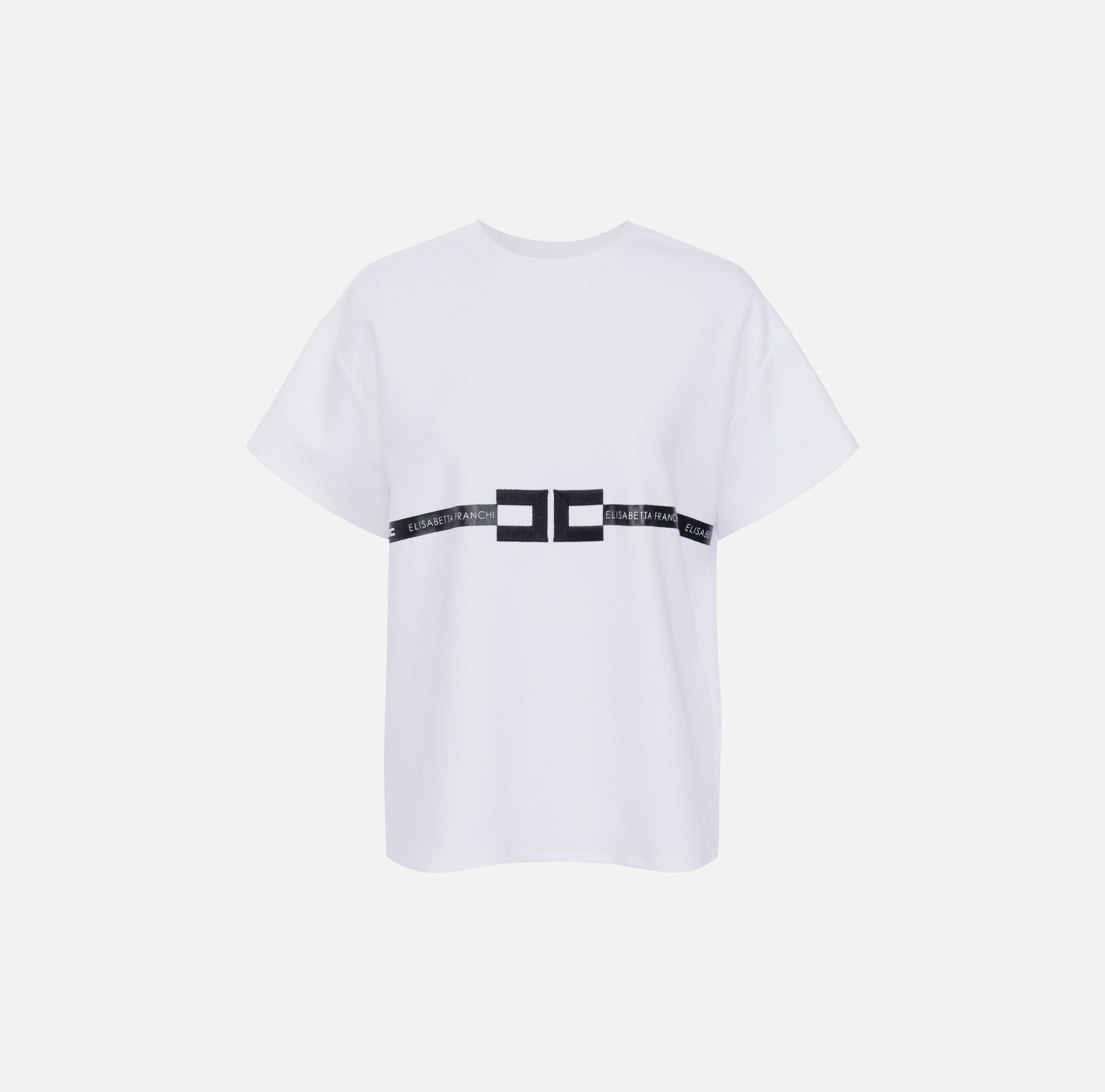 ELISABETTA FRANCHI T-Shirt Jersey Cotone Banda Logo-Gesso