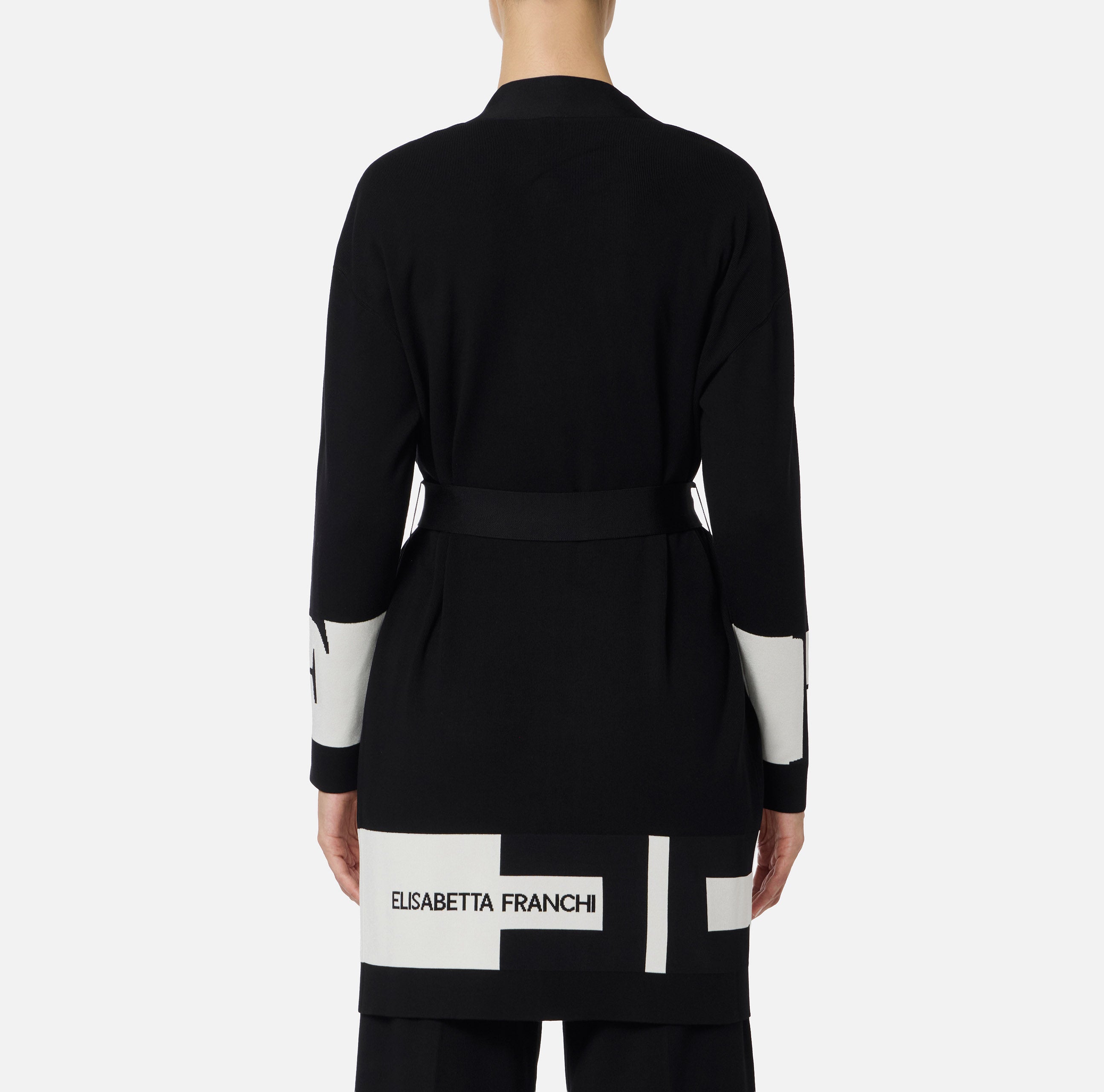 ELISABETTA FRANCHI Cardigan Viscosa Bande Logo-Nero Milk