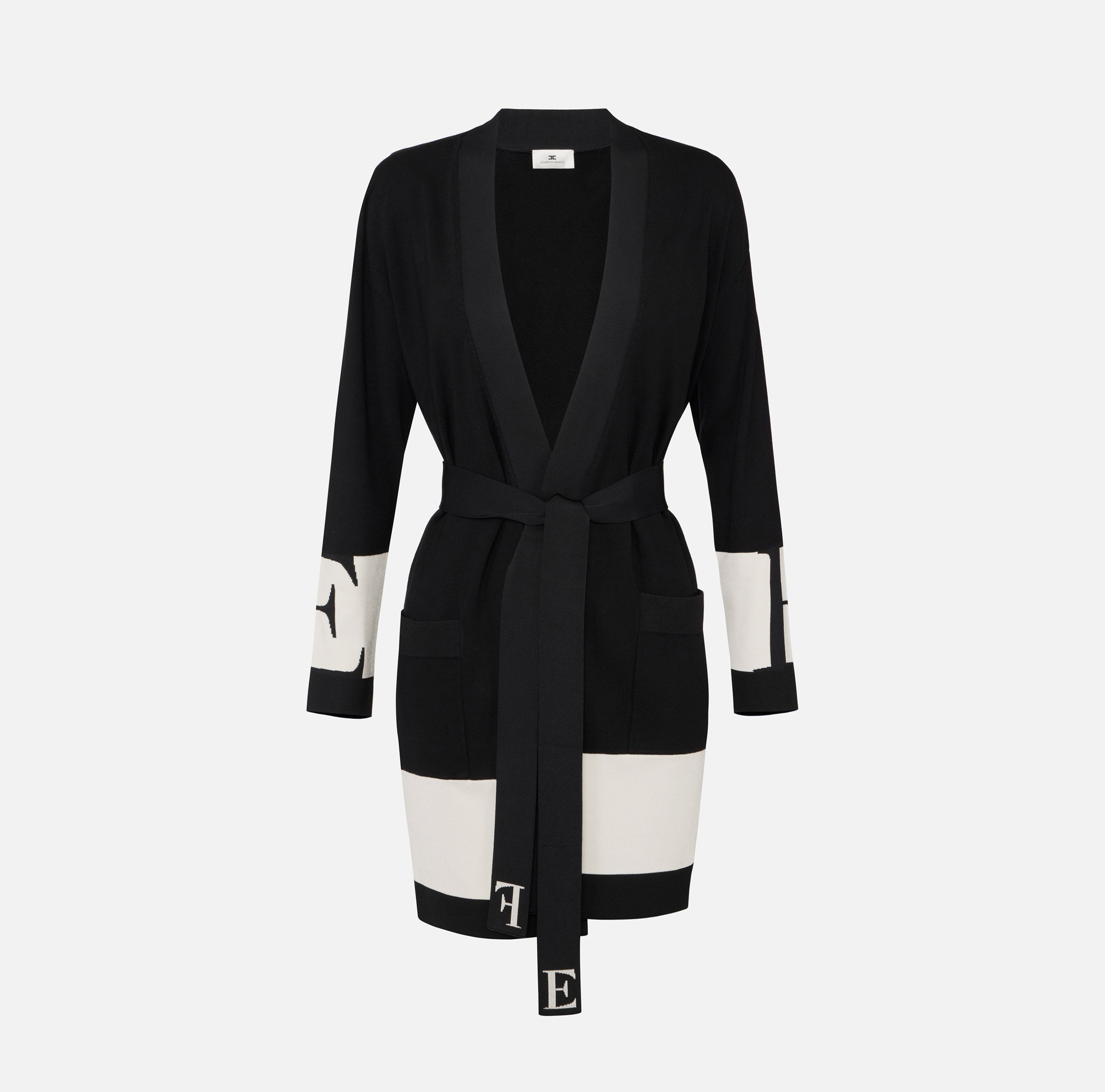 ELISABETTA FRANCHI Cardigan Viscosa Bande Logo-Nero Milk