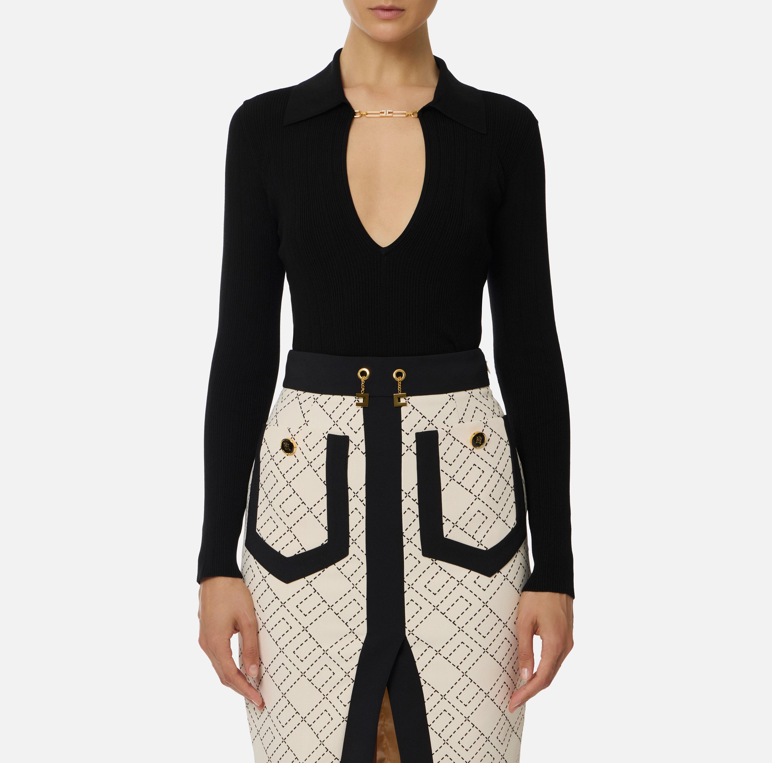 ELISABETTA FRANCHI Maglia Costine Dettaglio Gioiello-Nero